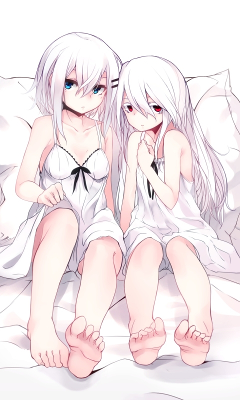 Download mobile wallpaper Anime, Pillow, Bed, Dress, Blue Eyes, Original, Red Eyes, Long Hair, Short Hair, White Hair for free.