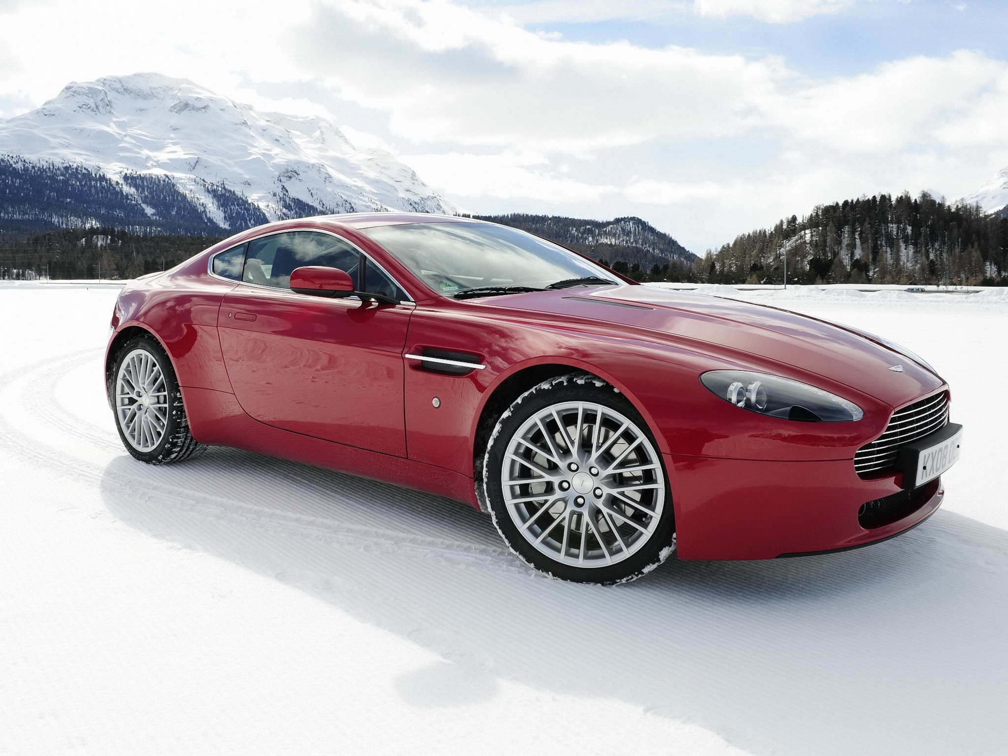 auto, mountains, snow, aston martin, cars, red, side view, 2008, v8, vantage for android
