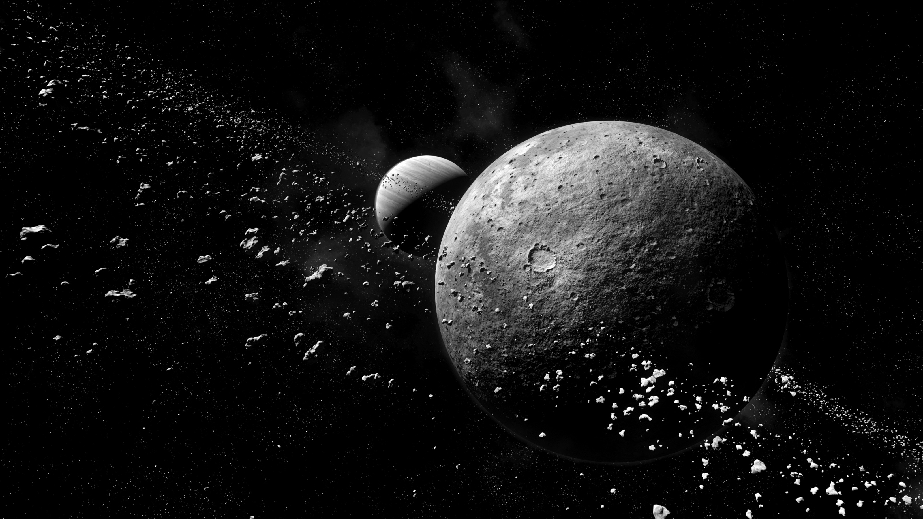 767189 Hintergrundbild herunterladen schwarz weiß, science fiction, planet, asteroid, mond, weltraum - Bildschirmschoner und Bilder kostenlos