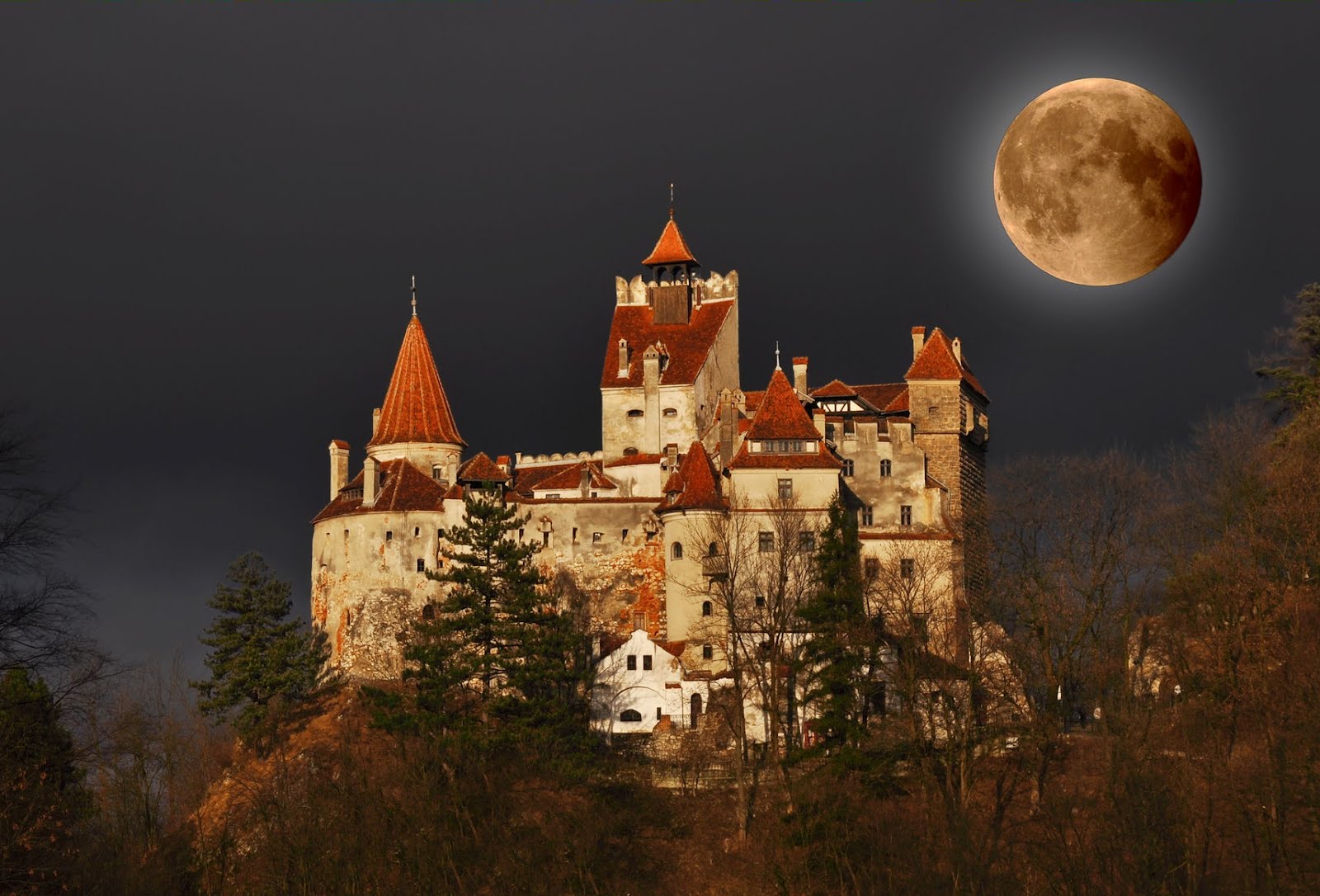 375897画像をダウンロードブラン城, マンメイド, 城, 暗い, 月, 夜, ルーマニア-壁紙とスクリーンセーバーを無料で