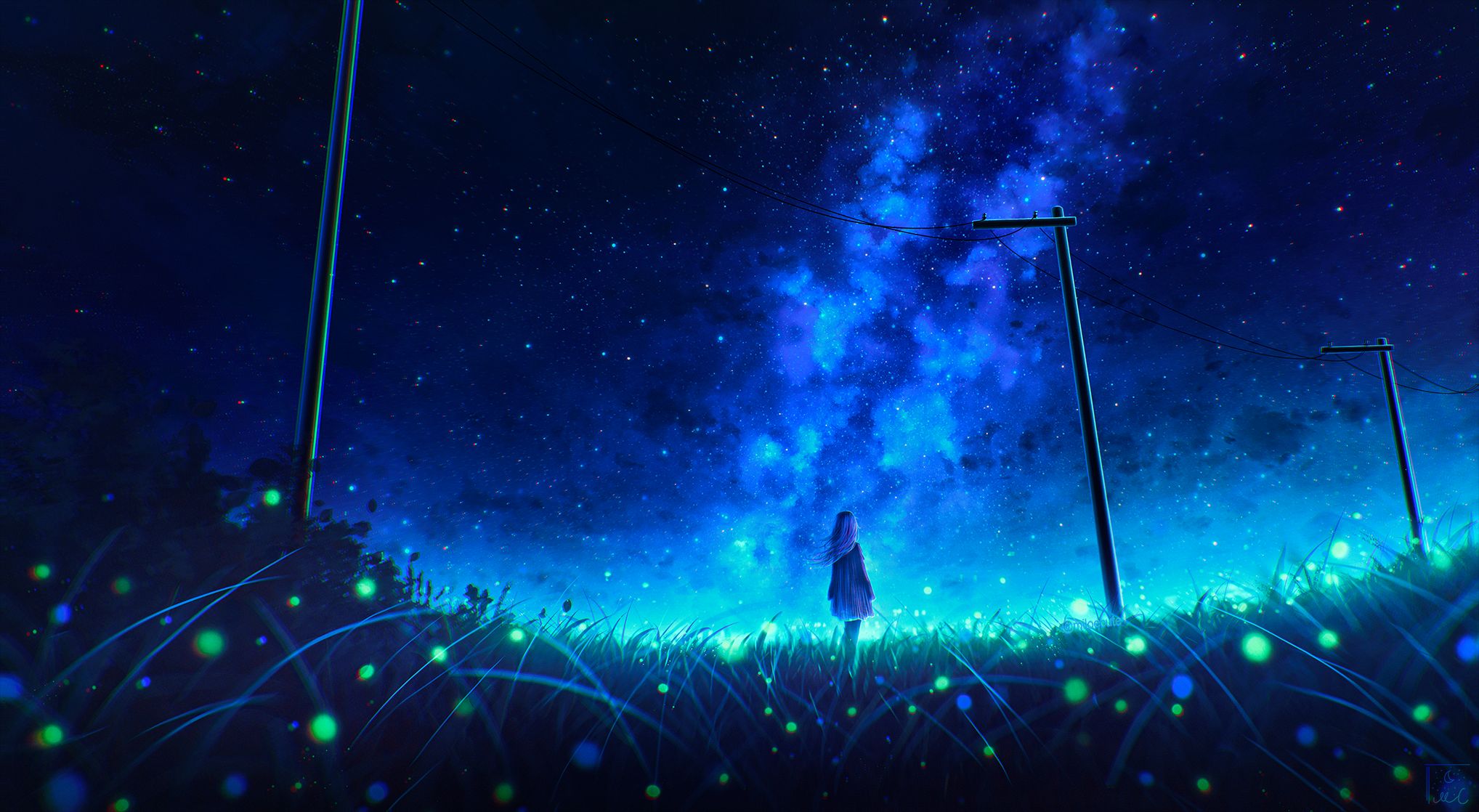 Laden Sie das Mädchen, Nacht, Animes, Sternenklarer Himmel-Bild kostenlos auf Ihren PC-Desktop herunter