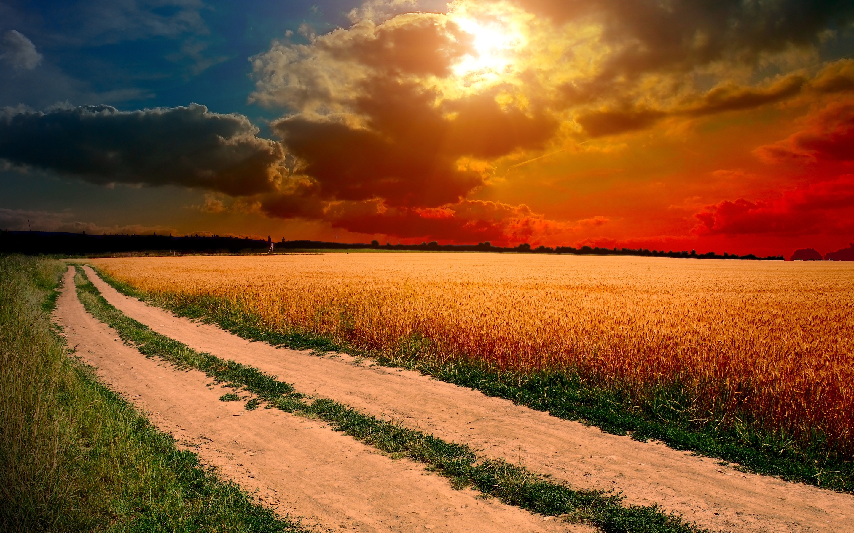 Download mobile wallpaper Sunset, Sky, Wheat, Earth, Field, Path, Cloud, Manipulation for free.