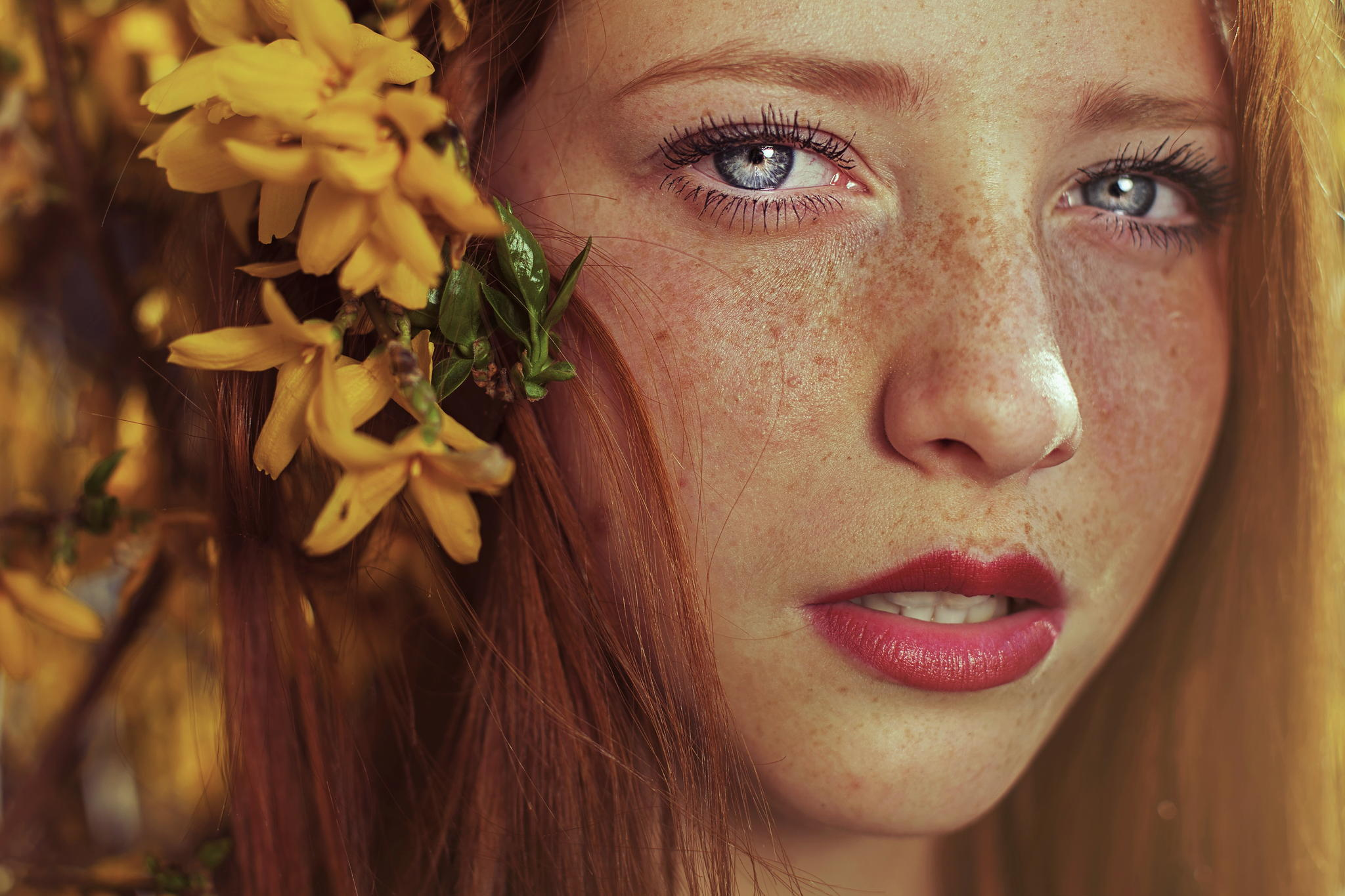 Download mobile wallpaper Close Up, Redhead, Face, Model, Women, Blue Eyes, Freckles for free.