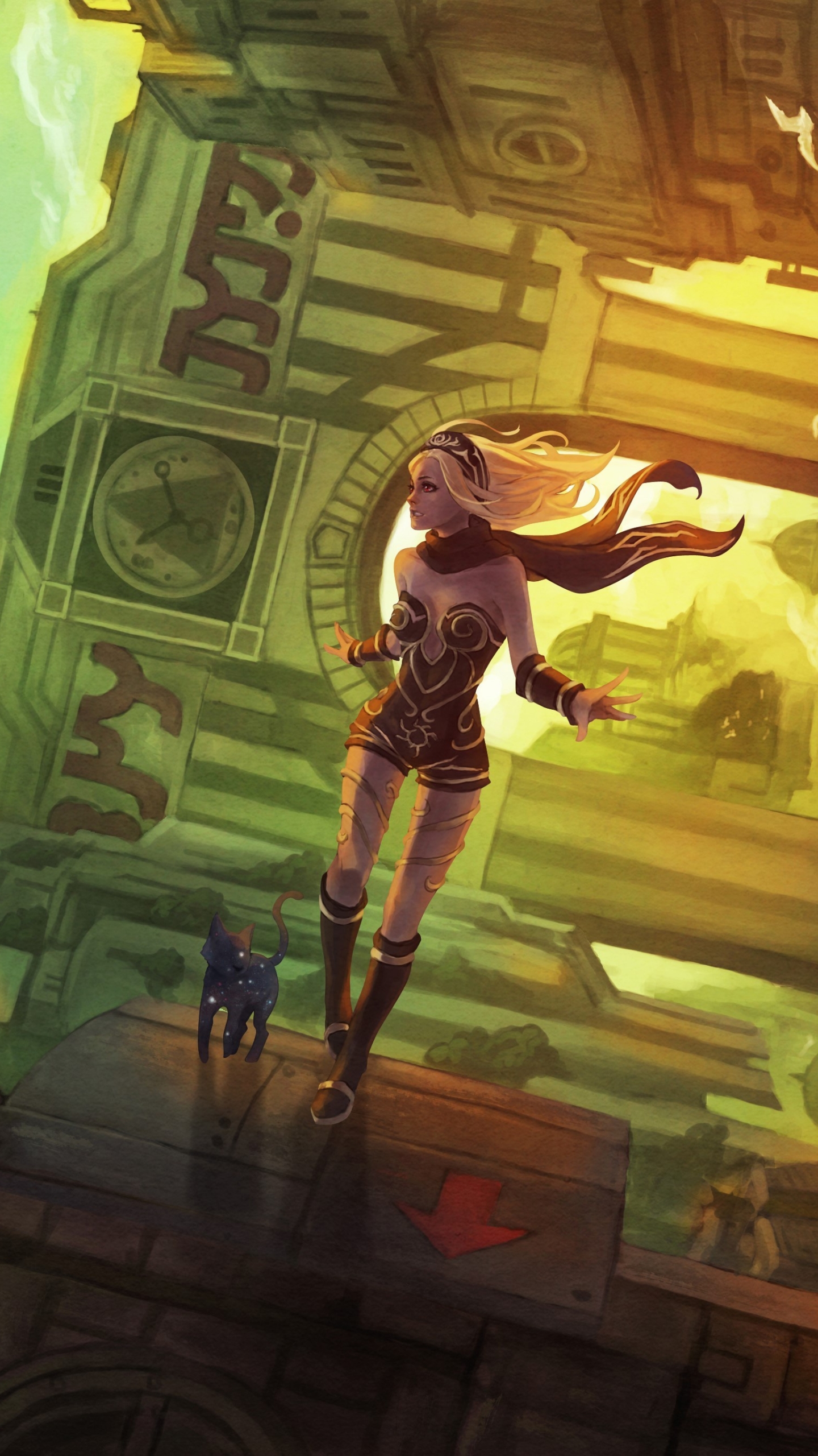 video game, gravity rush 2, city, red eyes, blonde, cat