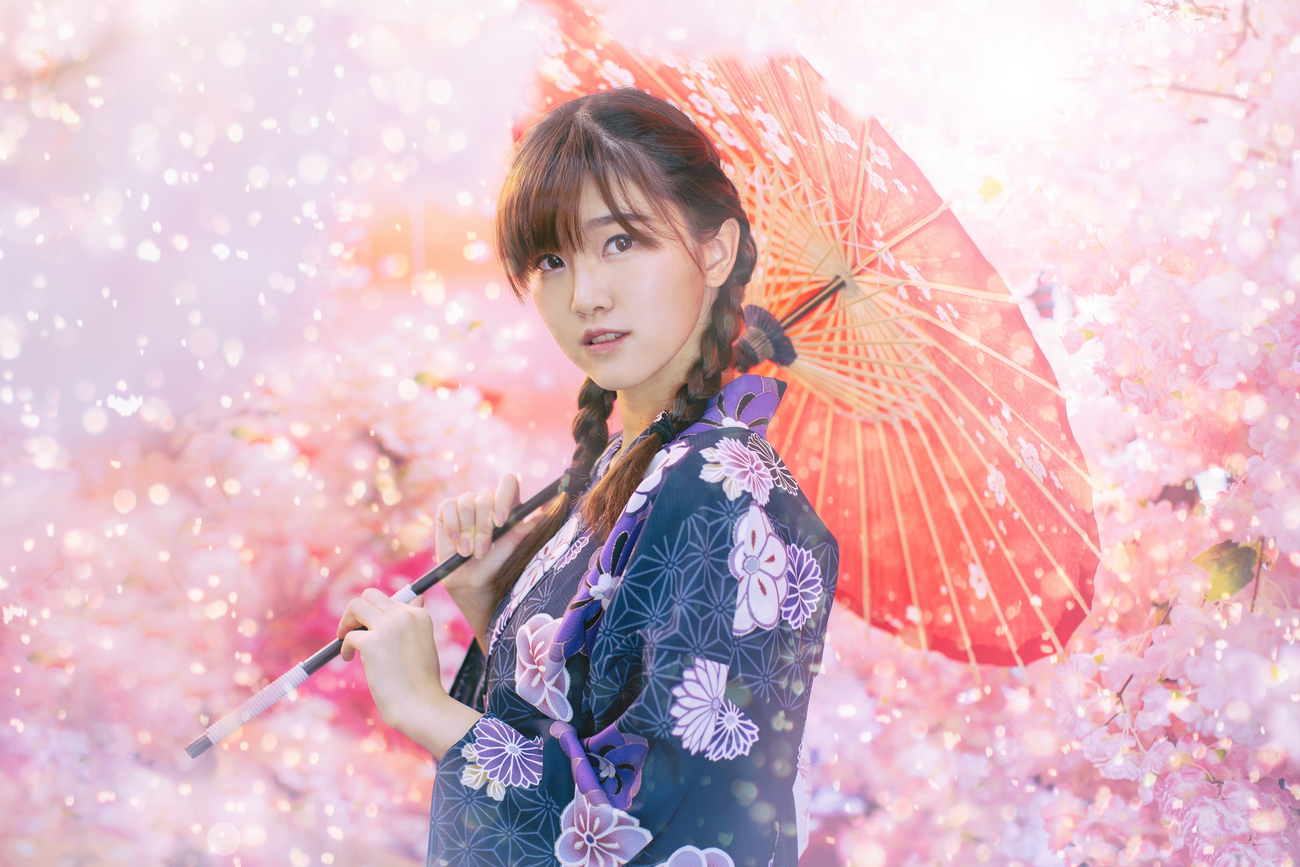 Download mobile wallpaper Umbrella, Kimono, Brunette, Model, Women, Cherry Blossom, Blossom, Asian, Brown Eyes for free.