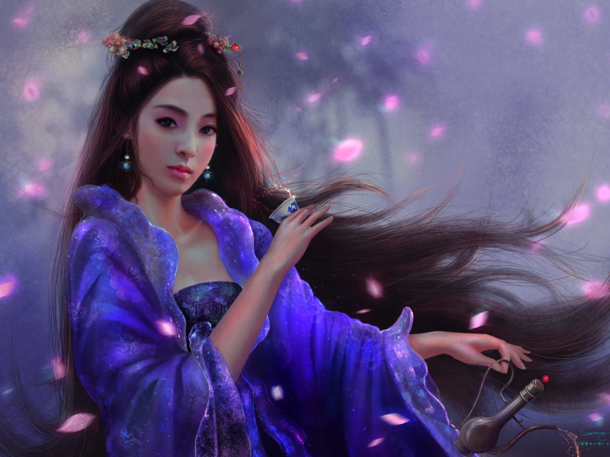 Download mobile wallpaper Fantasy, Kimono, Oriental, Women, Sword, Asian, Black Hair, Long Hair, Brown Hair for free.