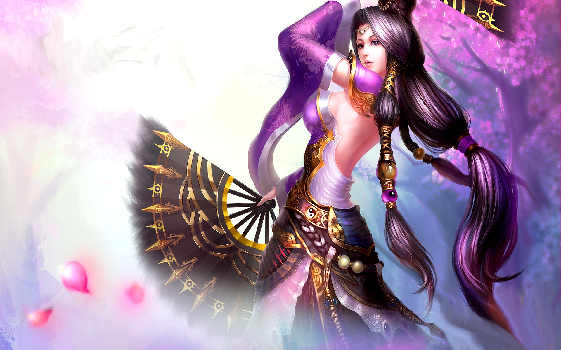 Download mobile wallpaper Fantasy, Purple, Brunette, Oriental, Goddess, Long Hair, Purple Eyes, Gods for free.