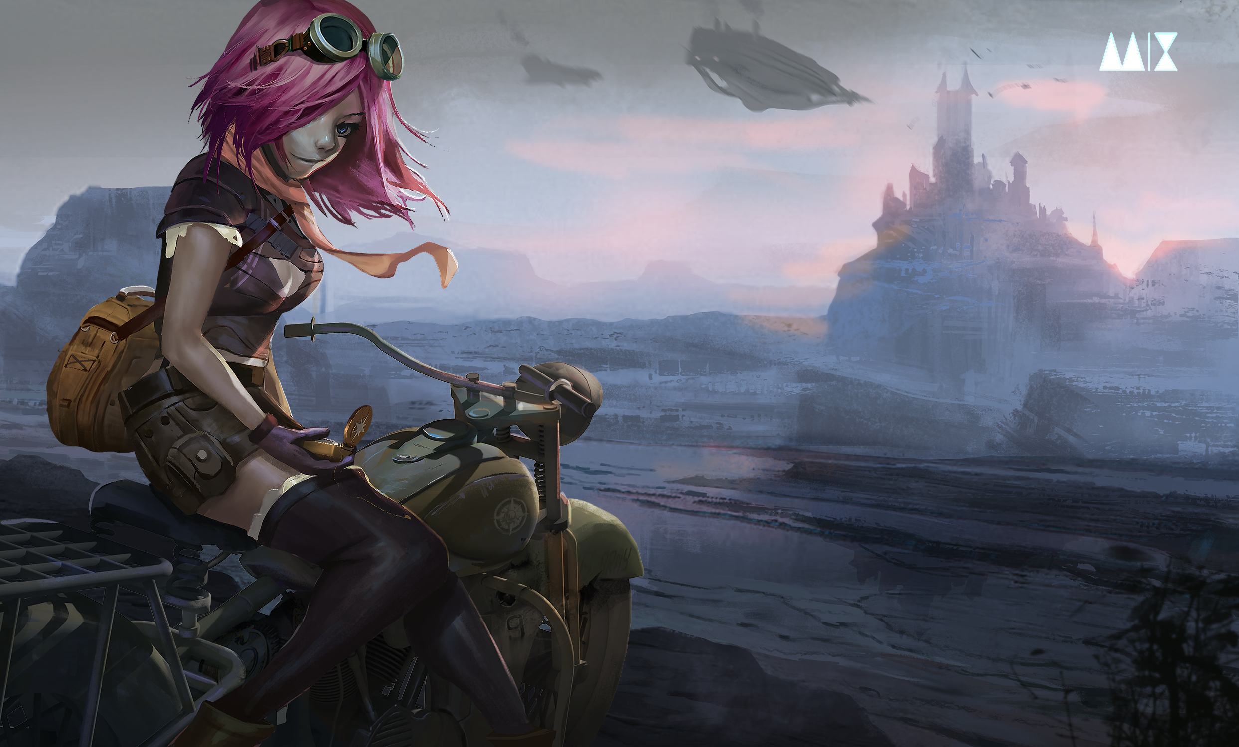 Download mobile wallpaper Fantasy, Motorcycle, Women, Steampunk, Pink Hair, Short Hair, Goggles for free.