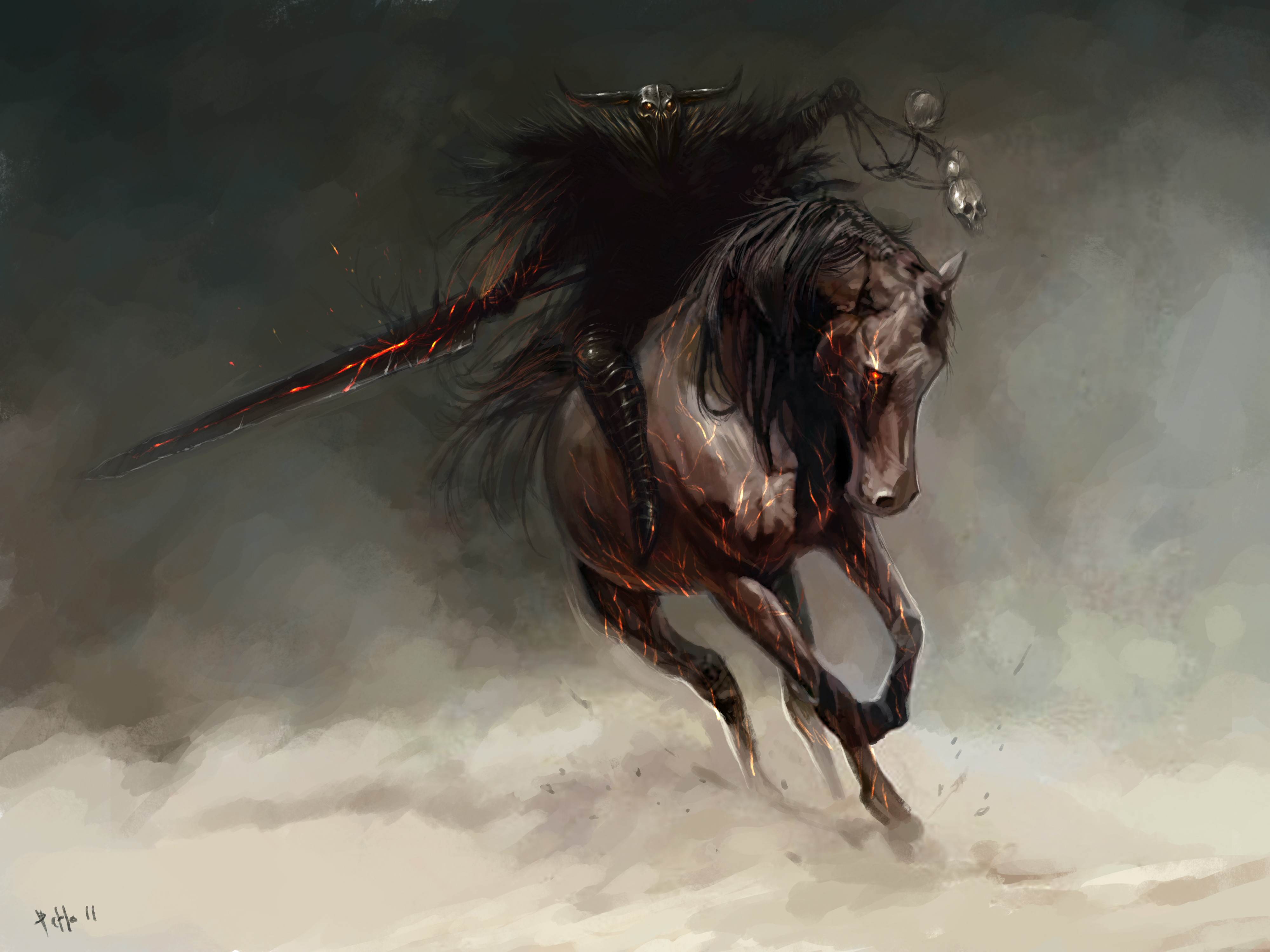 Download mobile wallpaper Dark, Warrior, Horse, Sword for free.