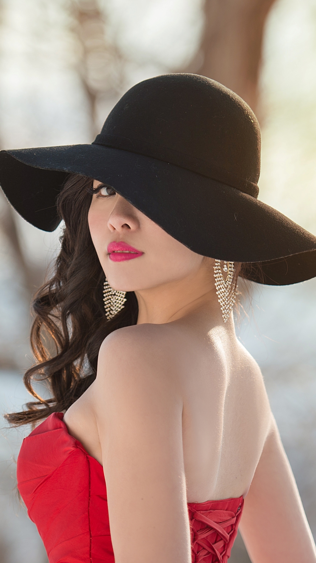 Download mobile wallpaper Hat, Brunette, Model, Women, Brown Eyes, Lipstick, Red Dress for free.