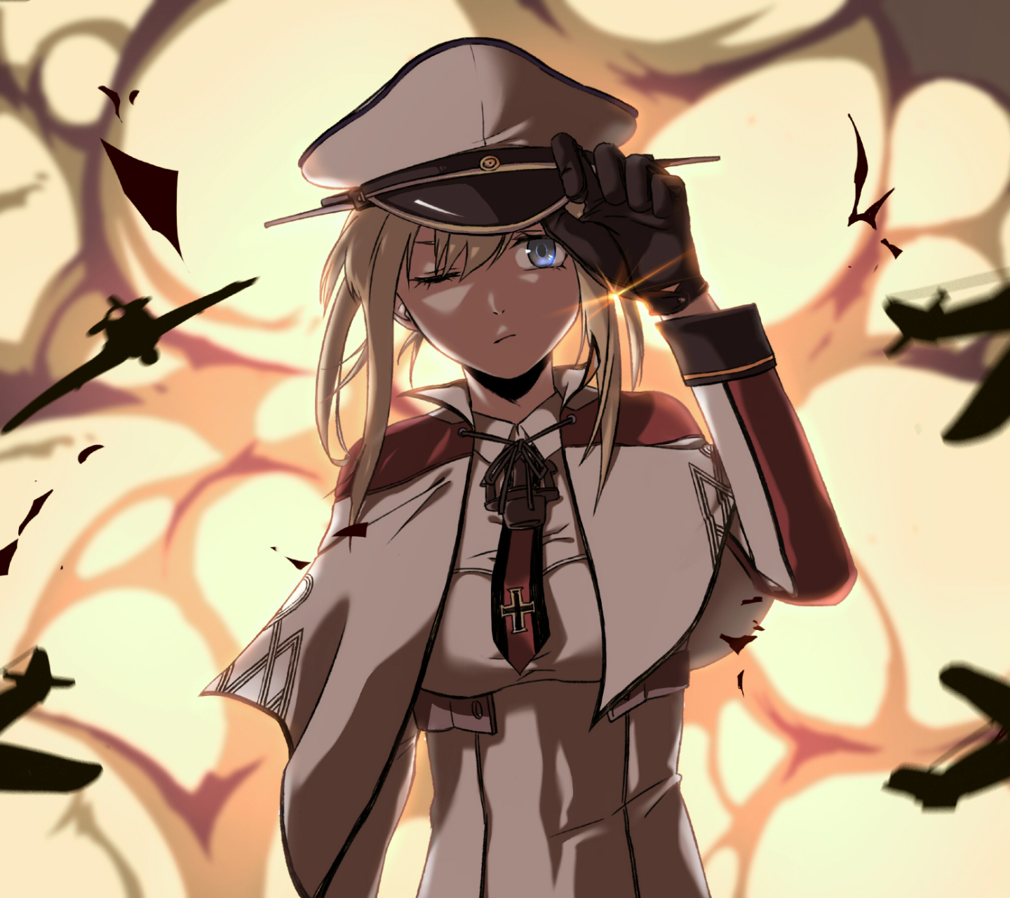 anime, kantai collection, explosion, hat, airplane, long hair, wink, blue eyes, graf zeppelin (kancolle), blonde, uniform