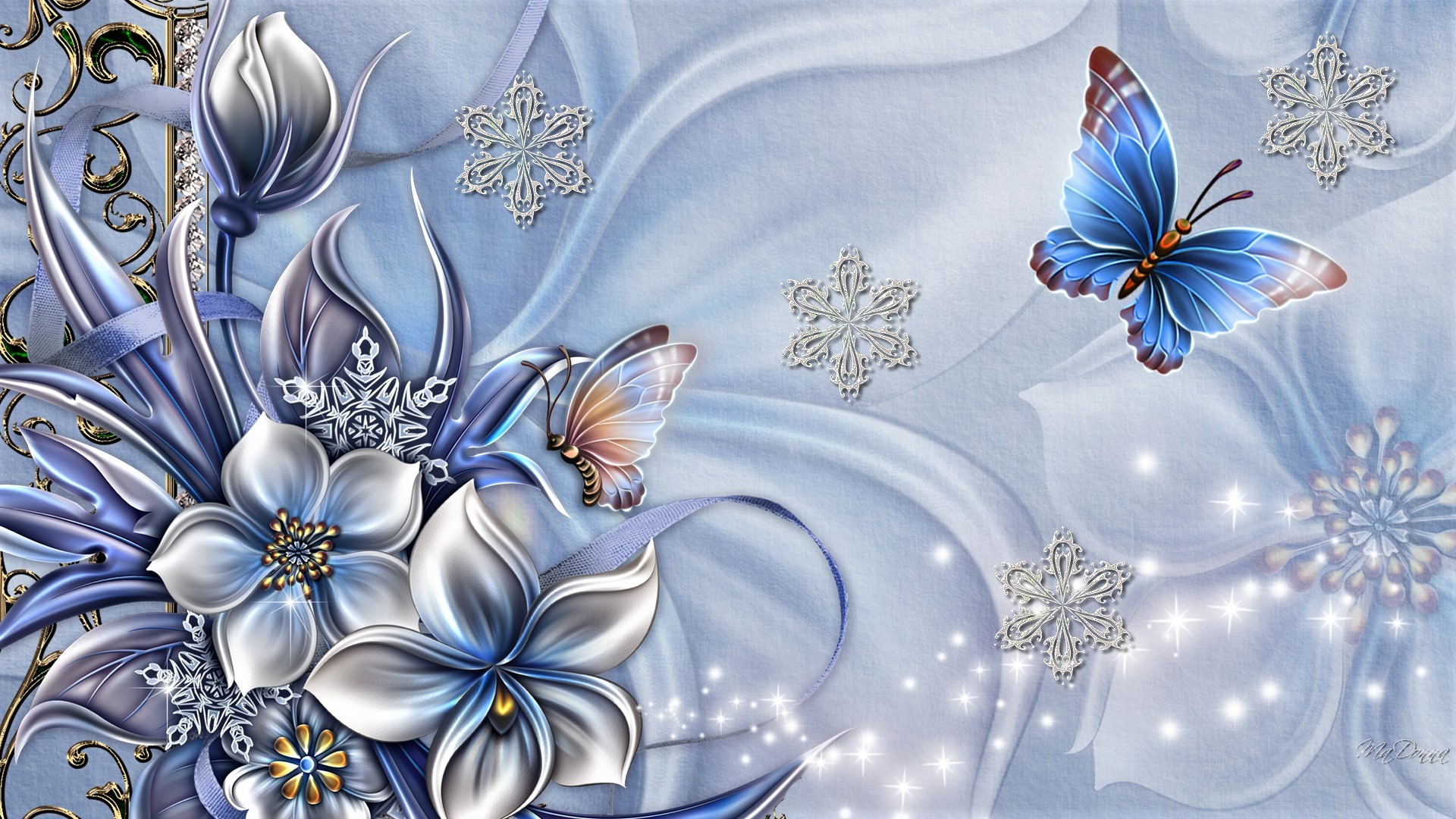 Download mobile wallpaper Winter, Flower, Butterfly, Artistic for free.