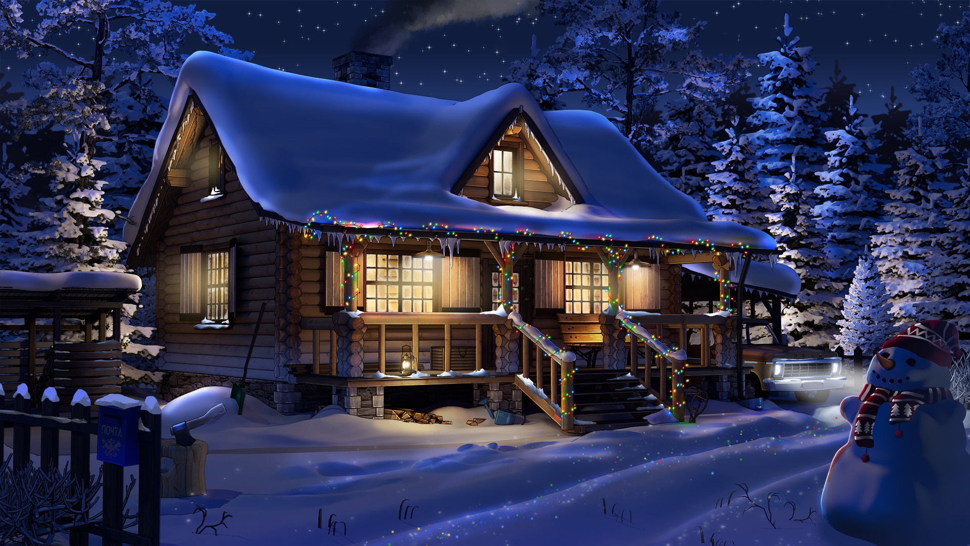 Download mobile wallpaper Winter, Night, Snow, Snowman, Artistic, Cabin, Christmas Lights for free.