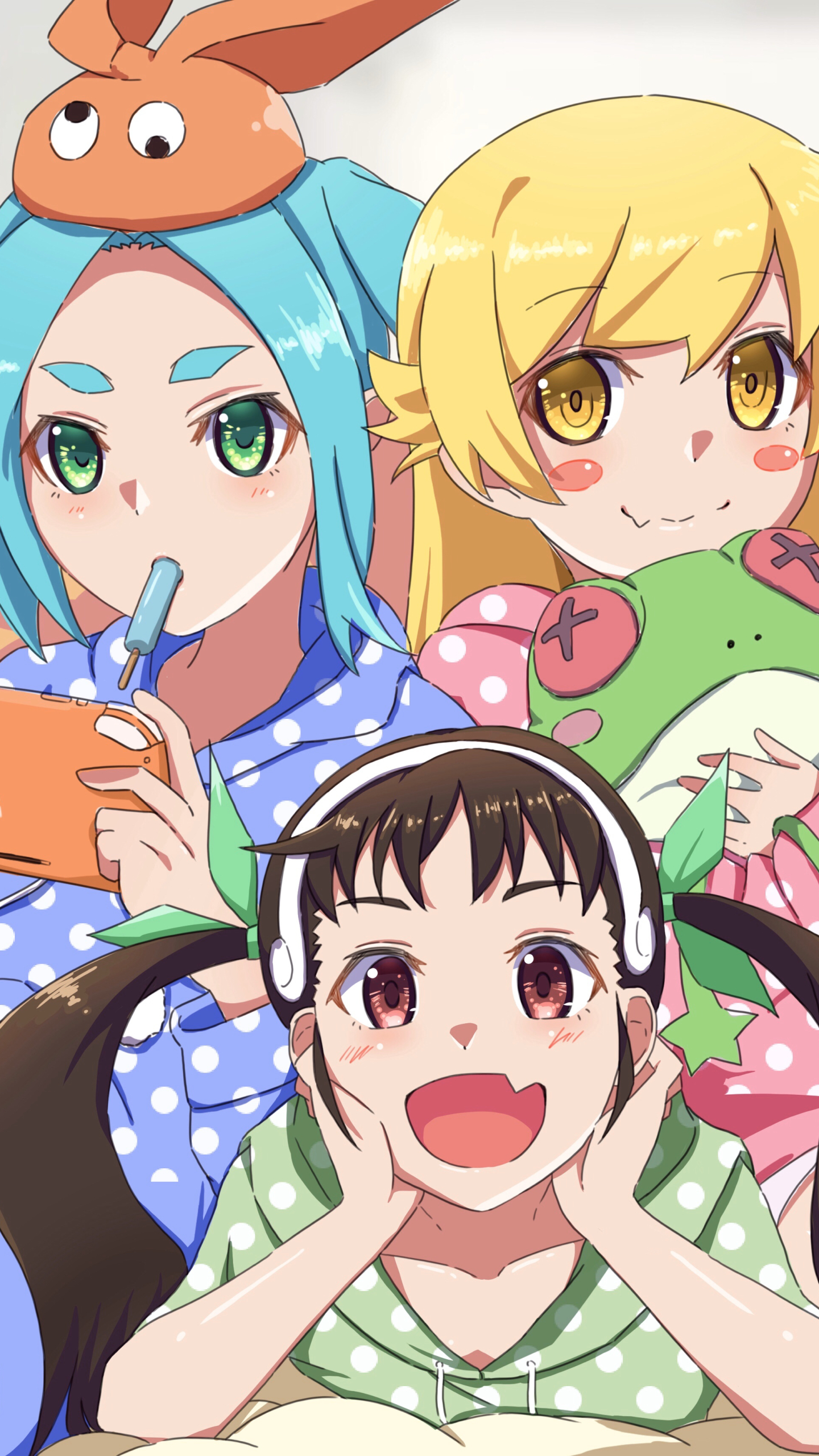 Handy-Wallpaper Animes, Monogatari (Serie), Mayoi Hachikuji, Shinobu Oshino, Yotsugi Ononoki kostenlos herunterladen.