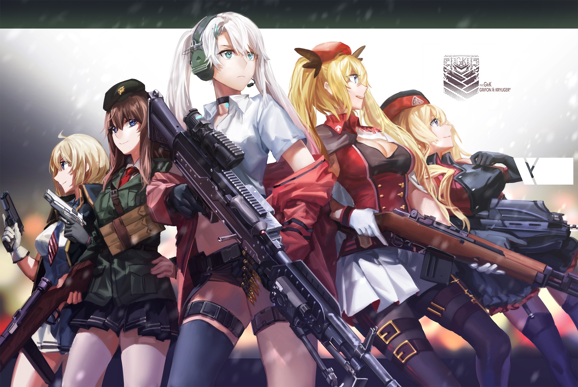 video game, girls frontline, beretta 38 (girls frontline), bm59 (girls frontline), f2000 (girls frontline), gun, lwmmg (girls frontline), m1911 (girls frontline)