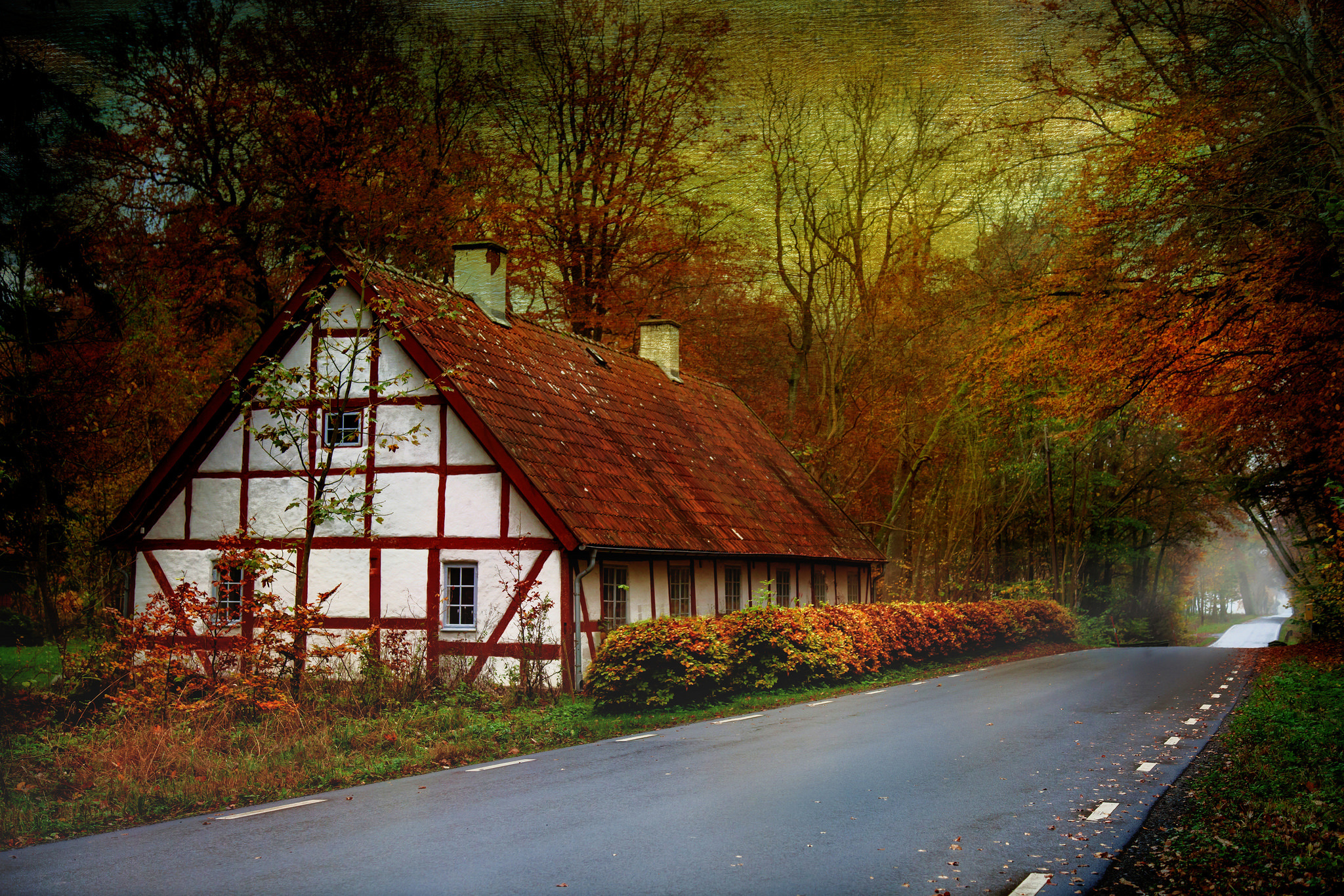 Download mobile wallpaper Road, Forest, Fall, House, Street, Cottage, Man Made for free.