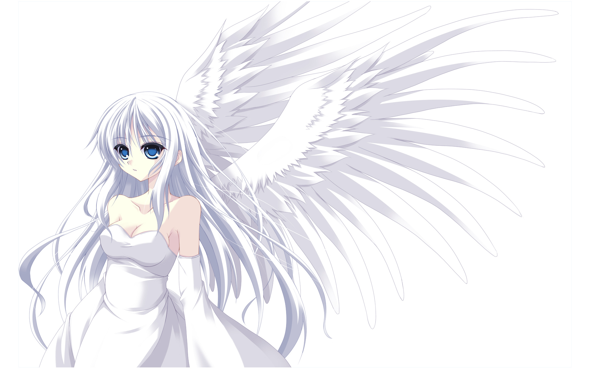 無料モバイル壁紙天使, 翼, 白髪, 青い目, アニメ, ホワイトドレスをダウンロードします。