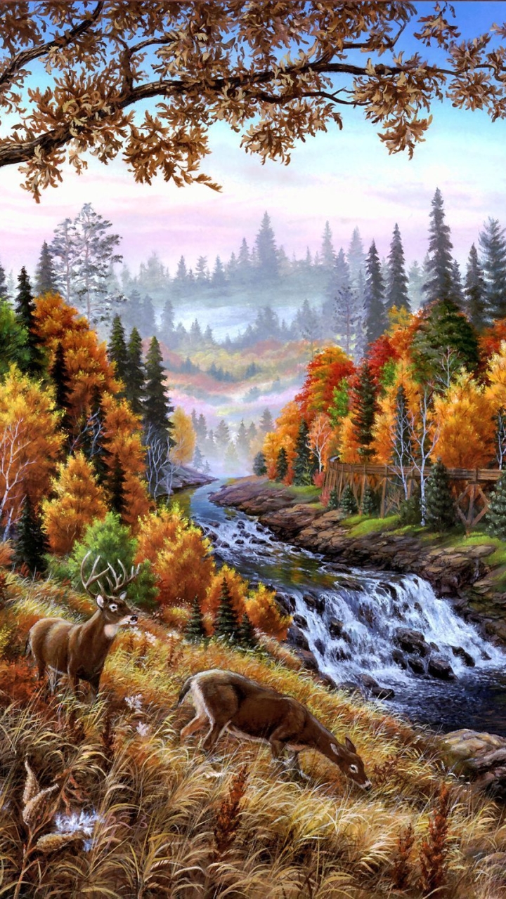 Скачать картинку Пейзаж, Река, Осень, Олень, Падать, Художественные, Водяная Мельница в телефон бесплатно.