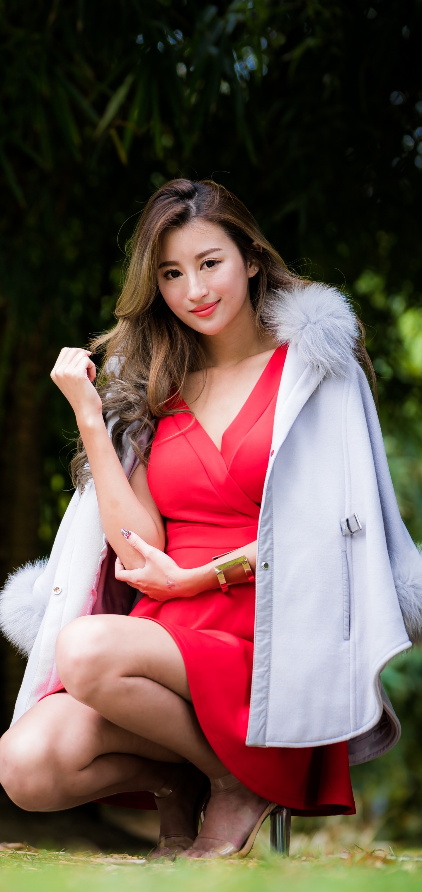 Download mobile wallpaper Brunette, Model, Women, Asian, Lipstick, Red Dress for free.