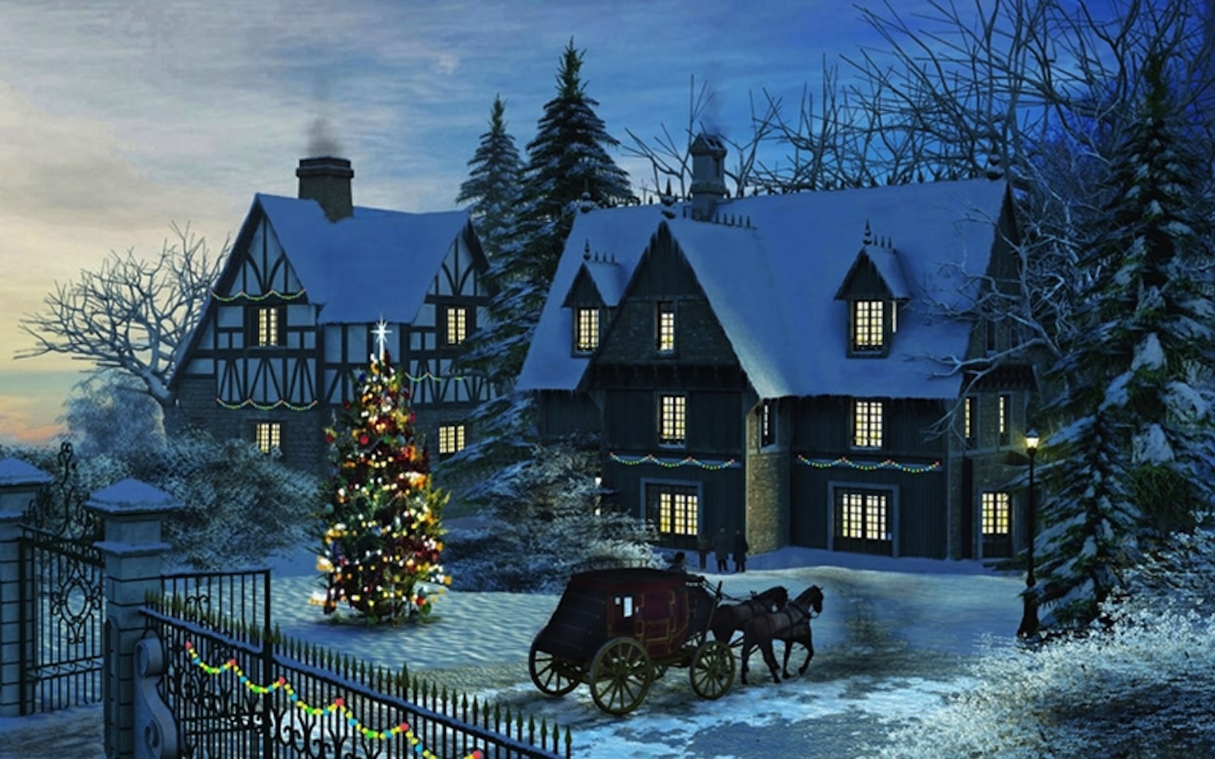 Handy-Wallpaper Feiertage, Winter, Weihnachten, Licht, Haus, Weihnachtsbaum, Nacht, Hauspferd kostenlos herunterladen.