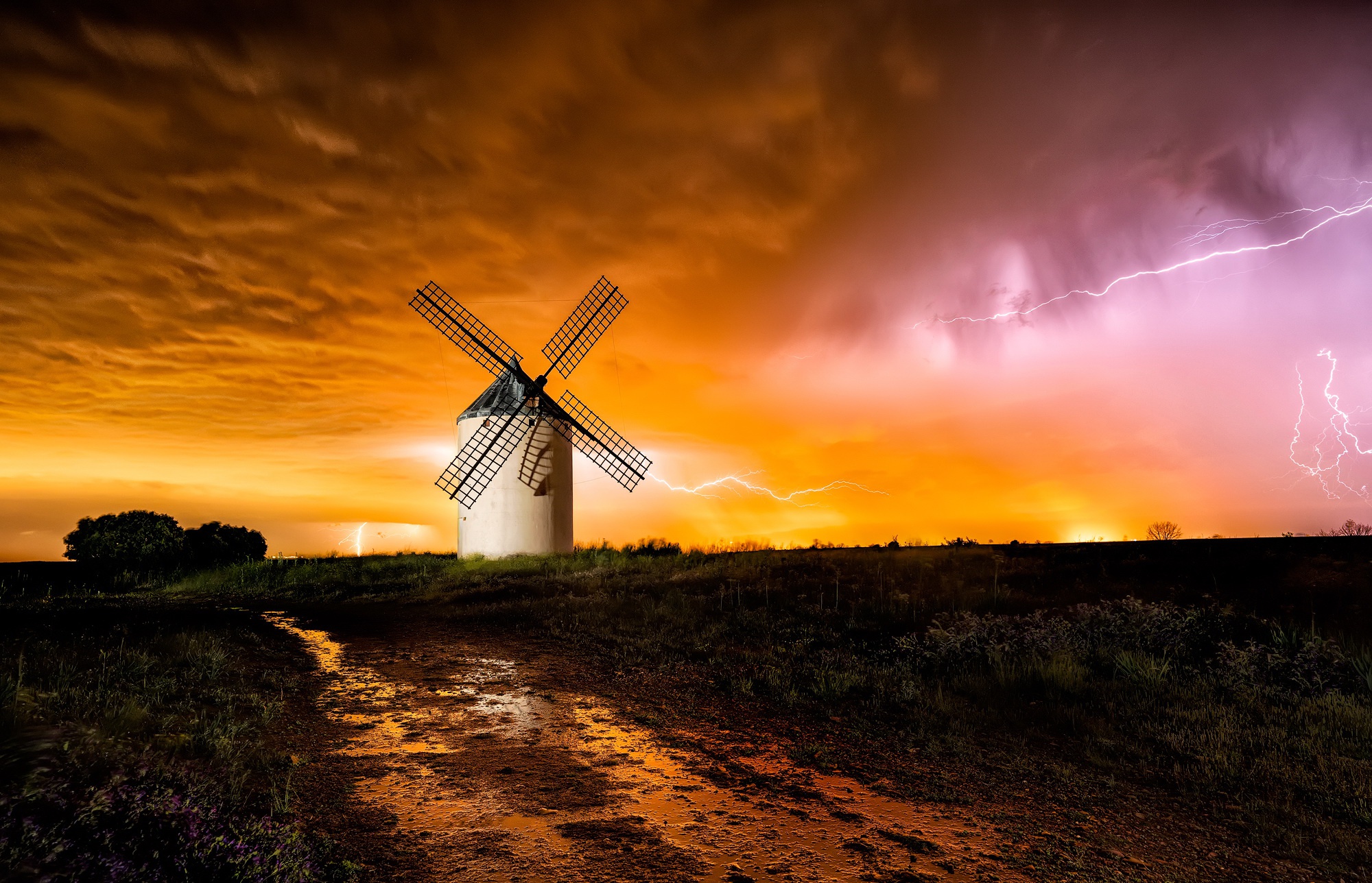 Download mobile wallpaper Lightning, Cloud, Windmill, Man Made for free.