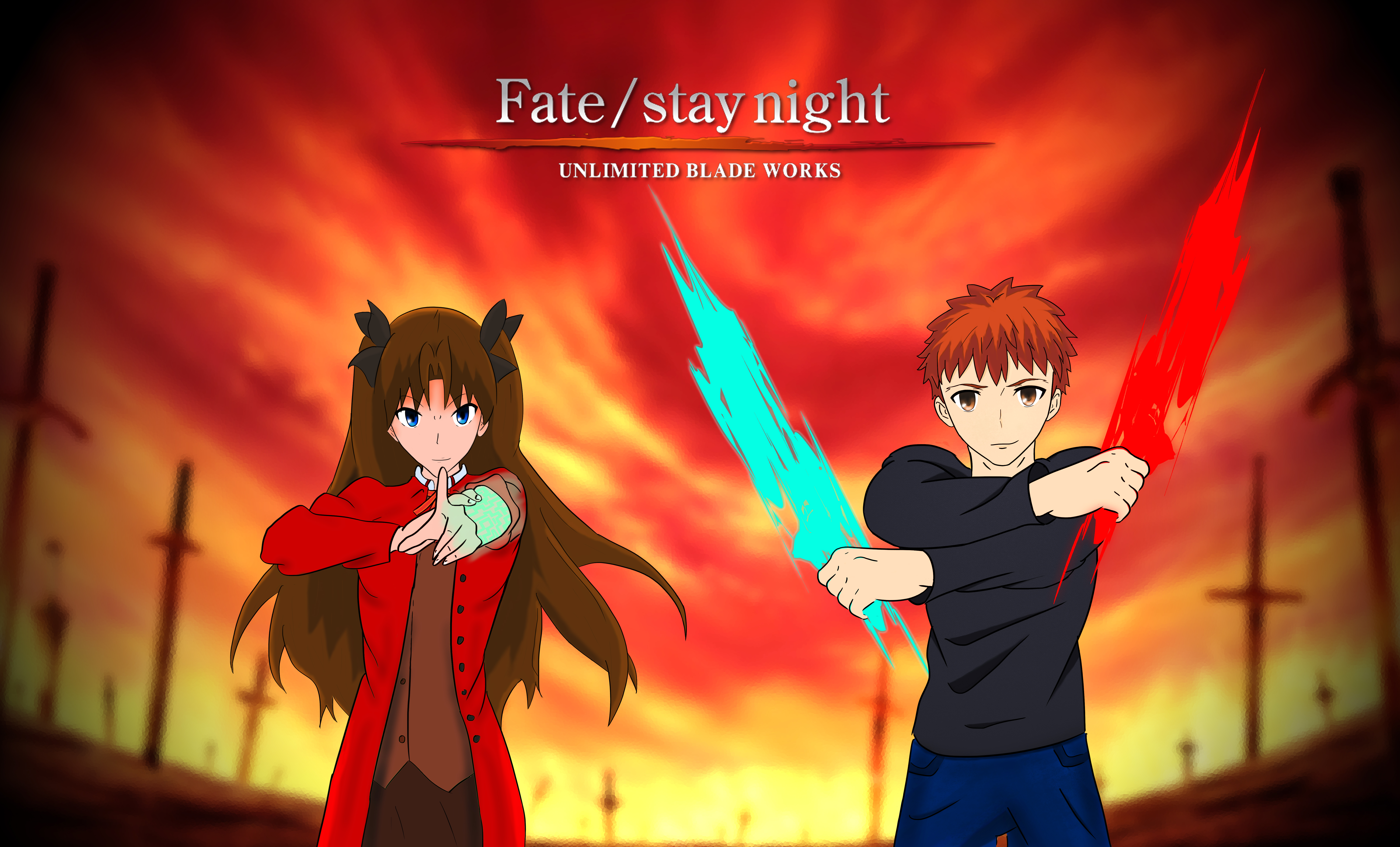 Download mobile wallpaper Shirou Emiya, Rin Tohsaka, Fate/stay Night: Unlimited Blade Works, Fate Series, Anime for free.