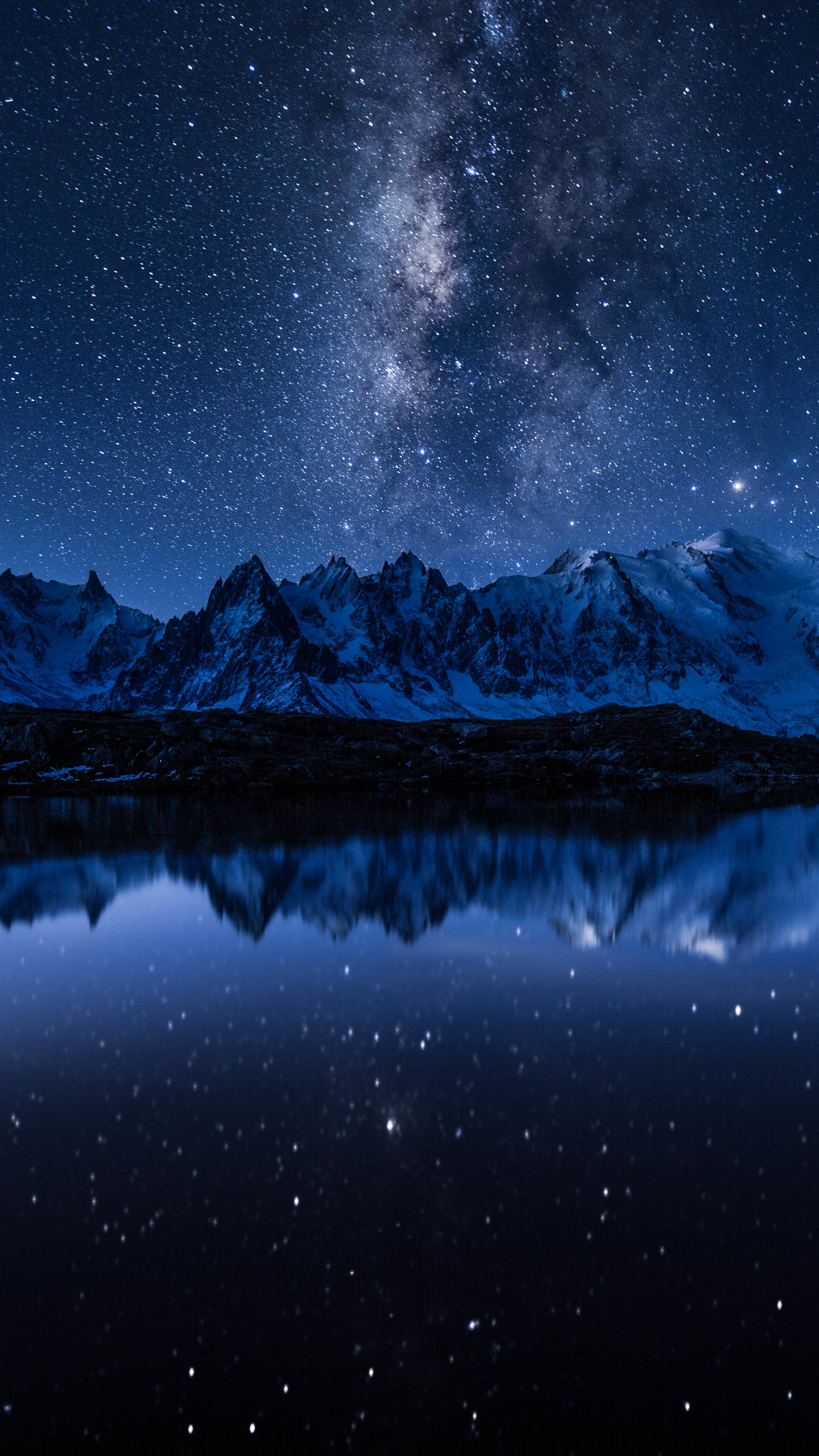 Download mobile wallpaper Landscape, Nature, Water, Sky, Stars, Night, Mountain, Reflection, Earth, Milky Way for free.