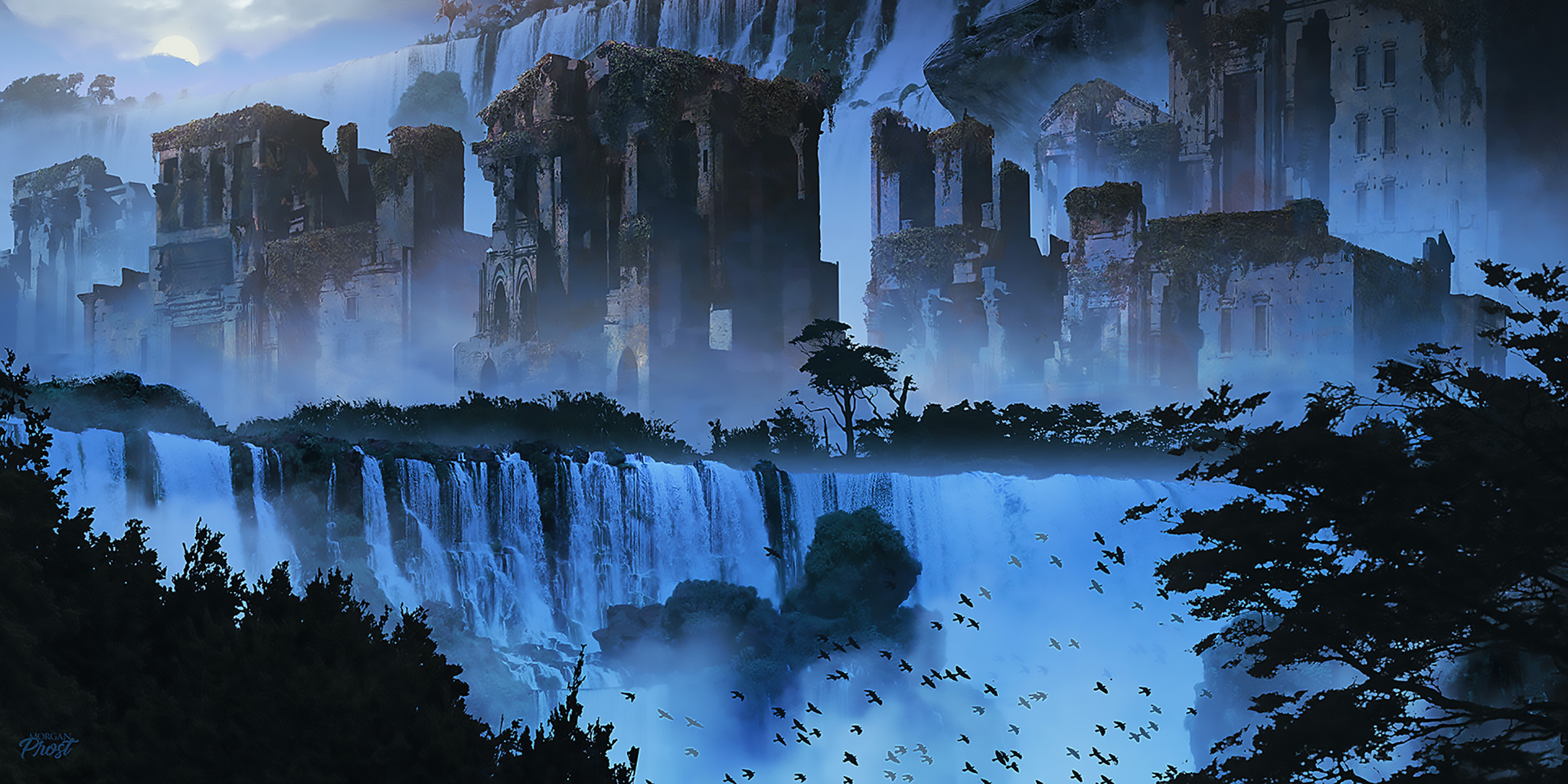 Download mobile wallpaper Fantasy, Moon, Bird, Waterfall, Tree, Ruin for free.