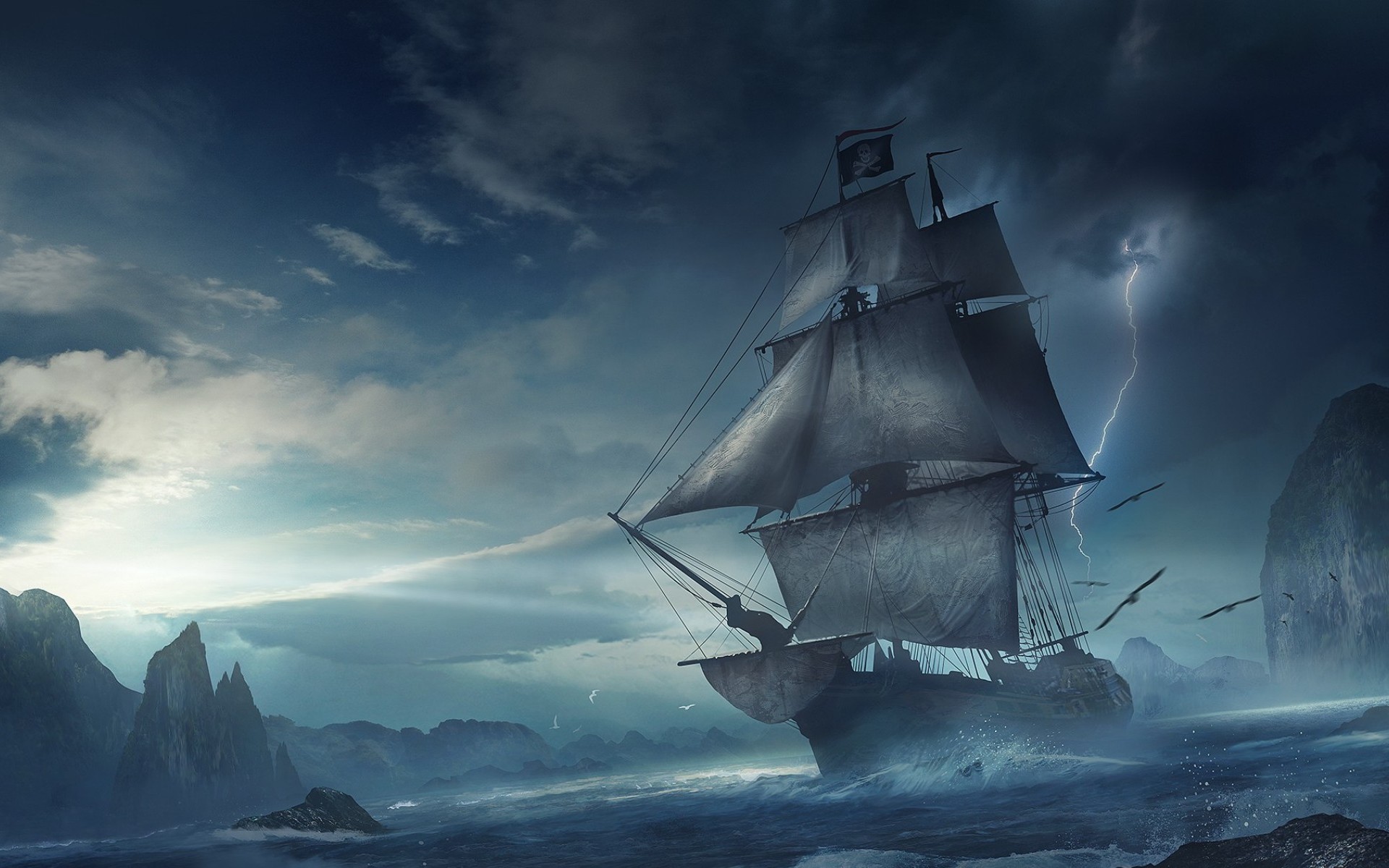 663735 Hintergrundbild herunterladen fantasie, schiff, klippe, piratenflagge, blitz, piratenschiff - Bildschirmschoner und Bilder kostenlos