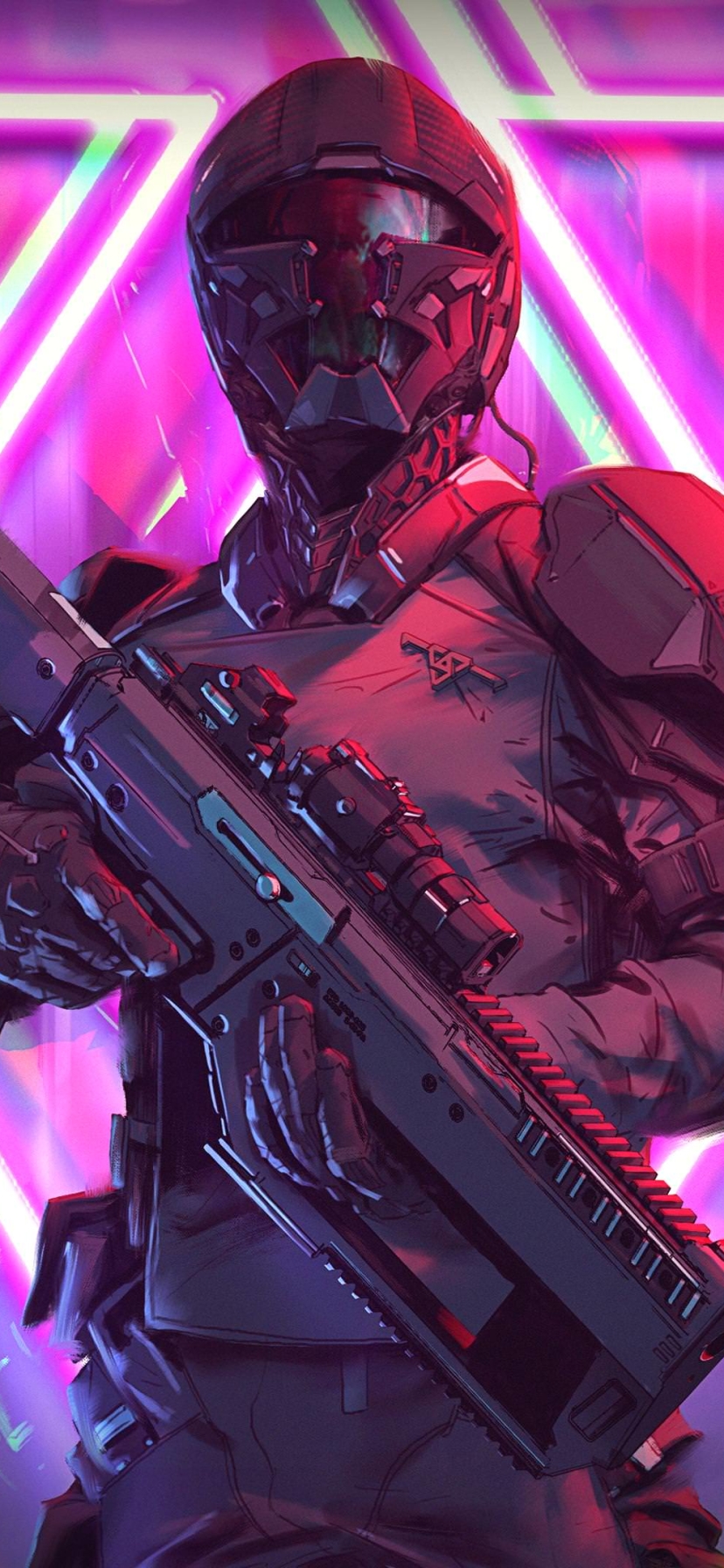 Download mobile wallpaper Weapon, Cyberpunk, Warrior, Sci Fi, Soldier, Futuristic, Assault Rifle for free.