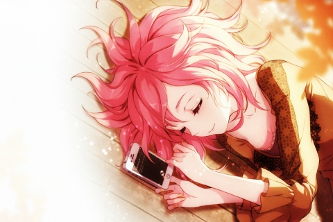 Скачать картинку Аниме, Девочка, Телефон, Спать, Розовые Волосы, Короткие Волосы в телефон бесплатно.