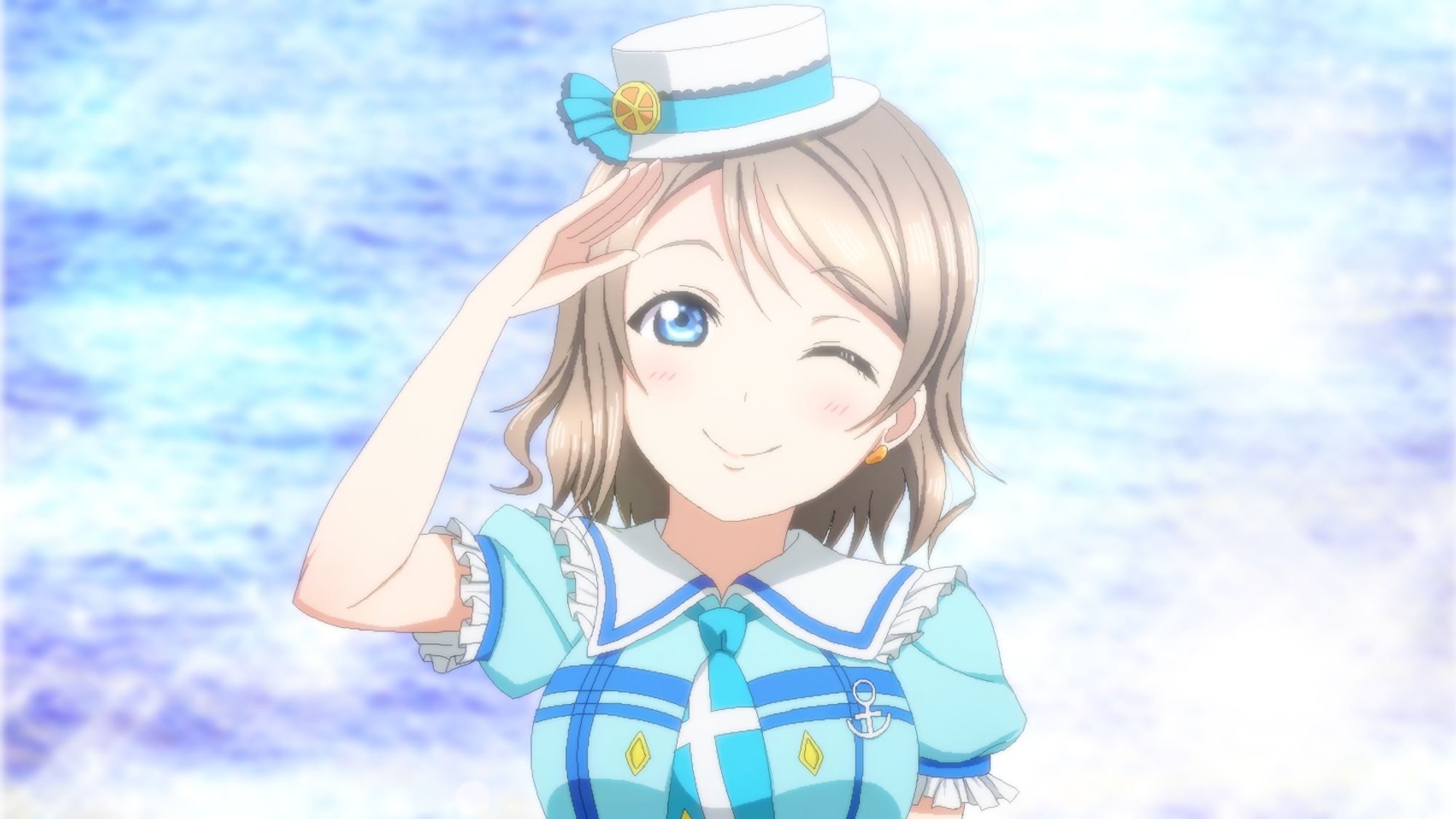 Download mobile wallpaper Anime, Smile, Hat, Blue Eyes, Wink, Brown Hair, Love Live!, Love Live! Sunshine!!, You Watanabe for free.