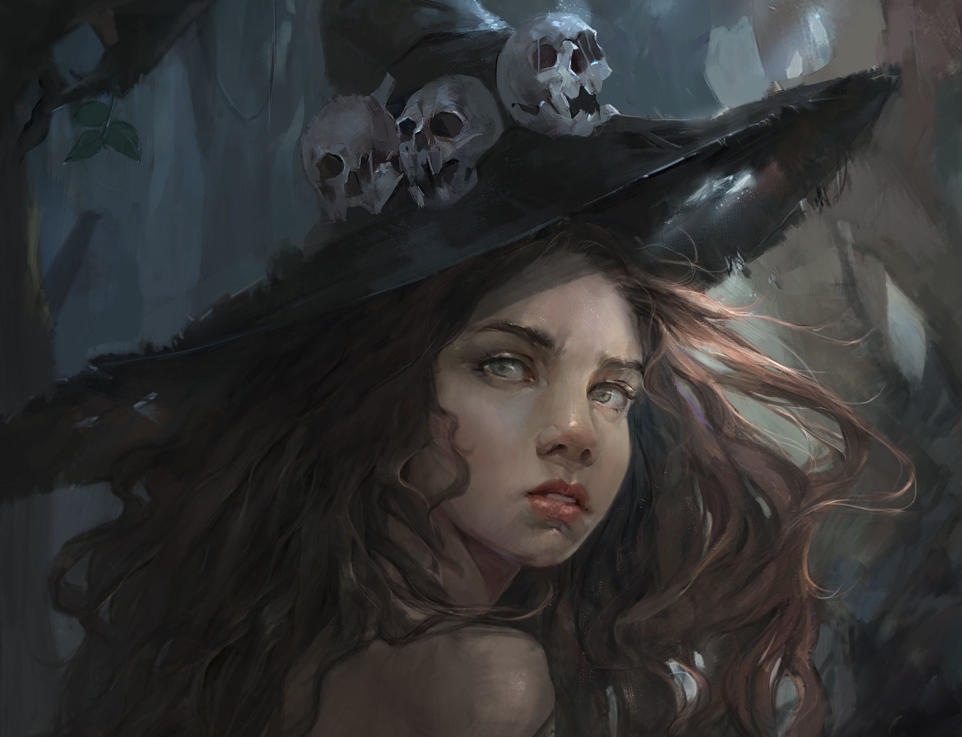 Download mobile wallpaper Fantasy, Face, Green Eyes, Witch, Brown Hair, Witch Hat for free.