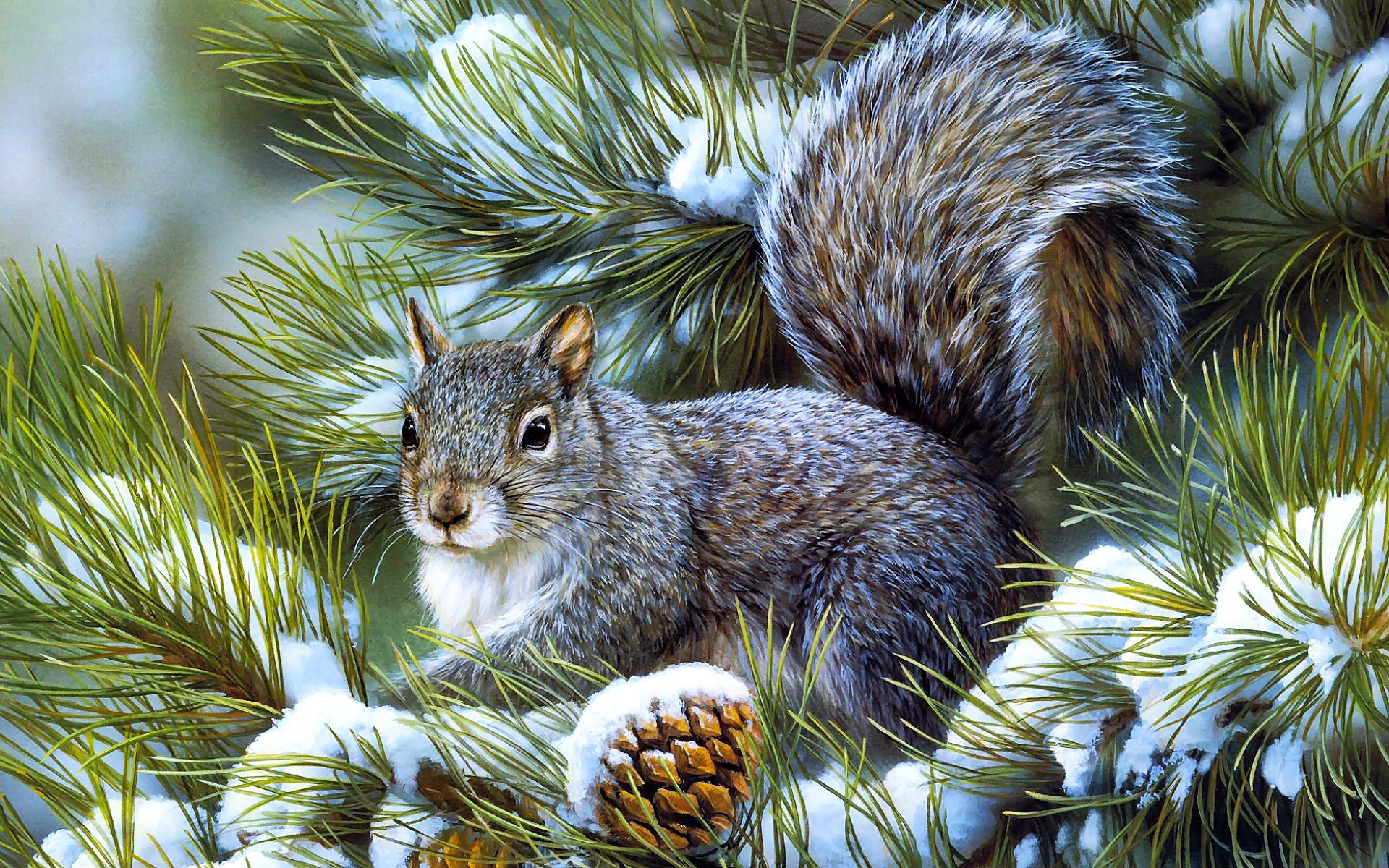 209350 Hintergrundbild herunterladen tiere, eichhörnchen, malerei, nagetier, winter - Bildschirmschoner und Bilder kostenlos