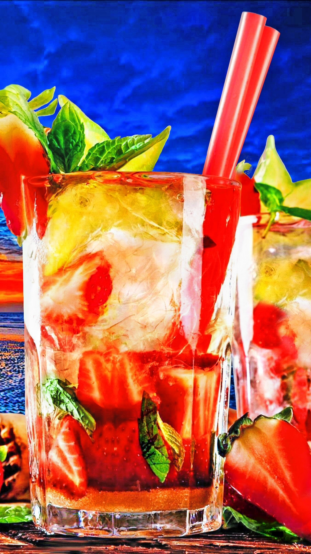 Download mobile wallpaper Sunset, Food, Horizon, Glass, Colorful, Tropical, Cocktail for free.