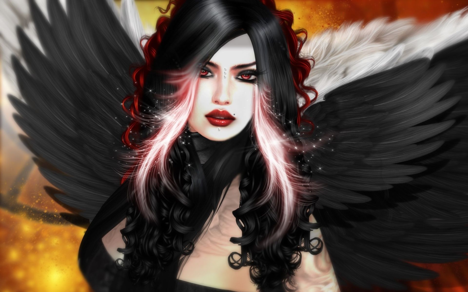 Download mobile wallpaper Fantasy, Wings, Angel, Red Eyes, Black Hair, Lipstick for free.