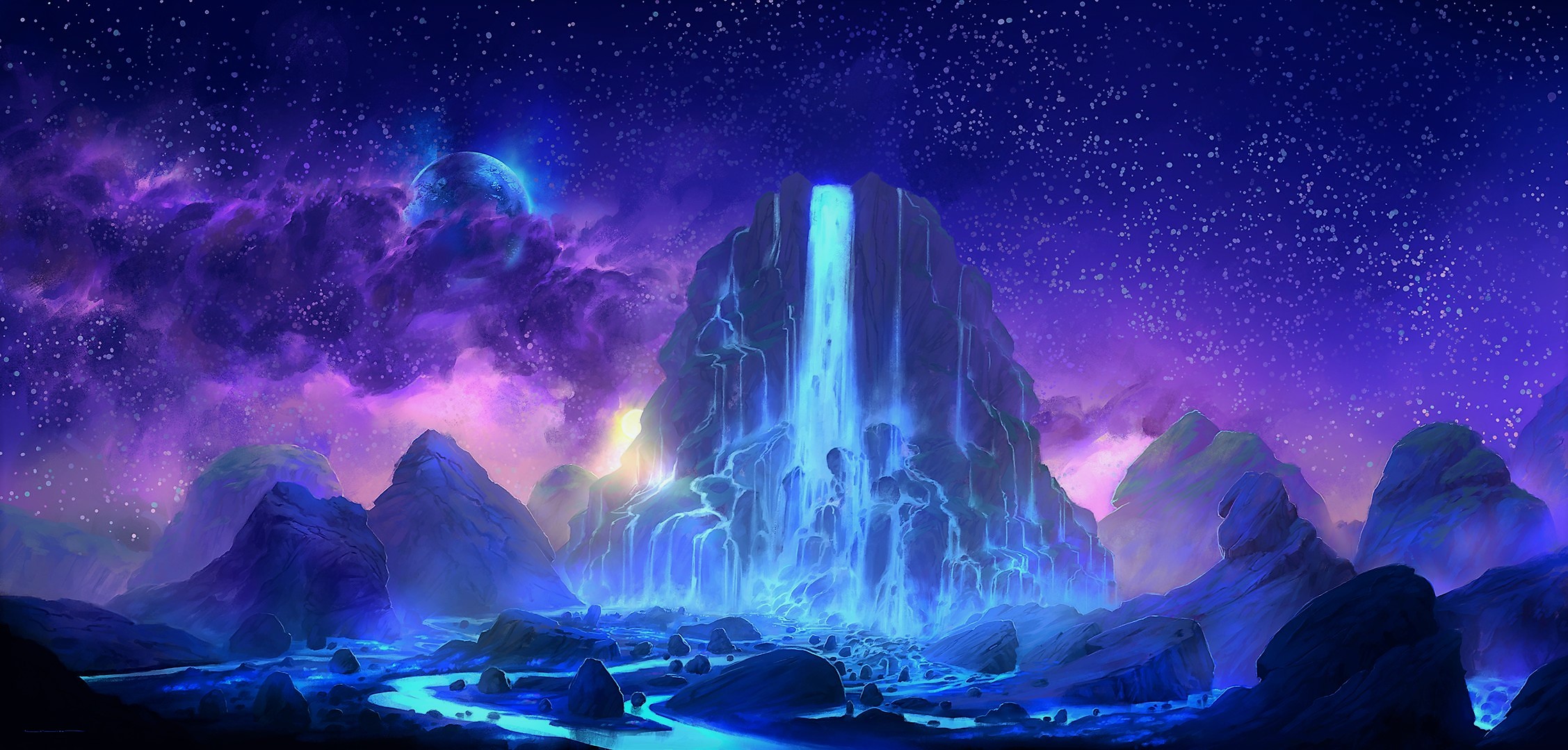 Laden Sie das Fantasie, Sterne, Wasserfall, Lila, Gebirge, Wolke, Himmel-Bild kostenlos auf Ihren PC-Desktop herunter