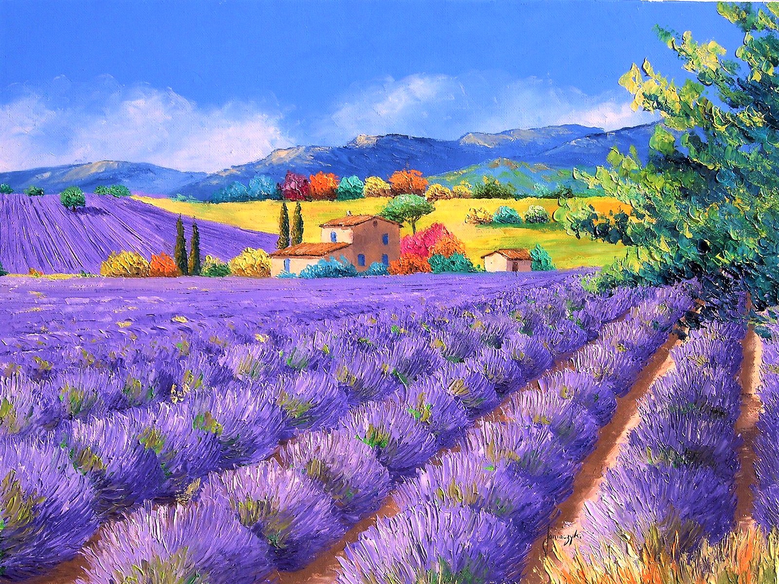 Download mobile wallpaper Italy, House, Field, Painting, Artistic, Lavender for free.