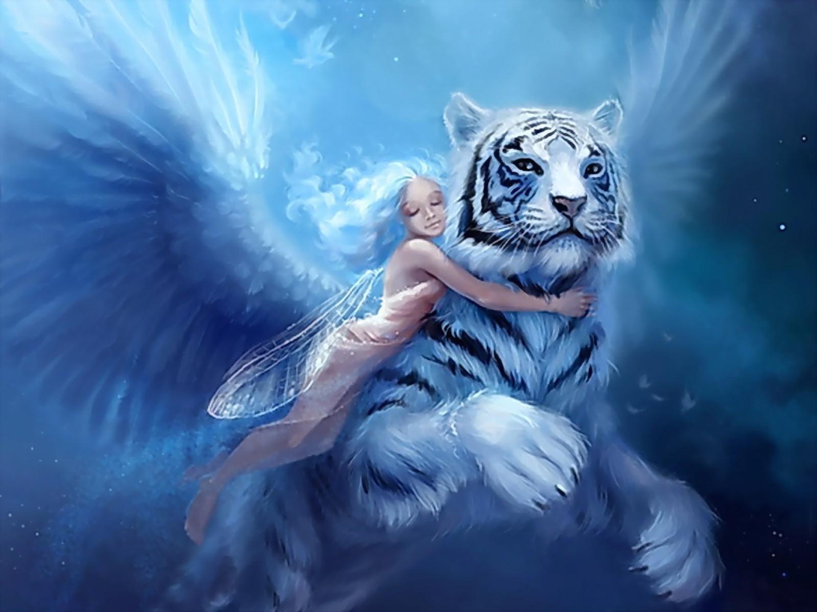 Download mobile wallpaper Fantasy, Tiger, Fairy for free.