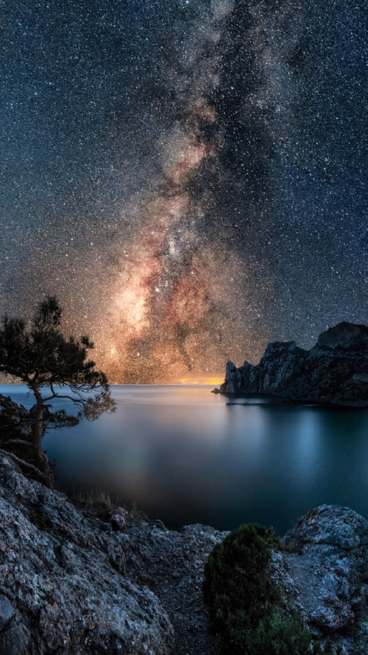 Download mobile wallpaper Winter, Lakes, Mountain, Lake, Starry Sky, Earth, Milky Way, Galaxy for free.