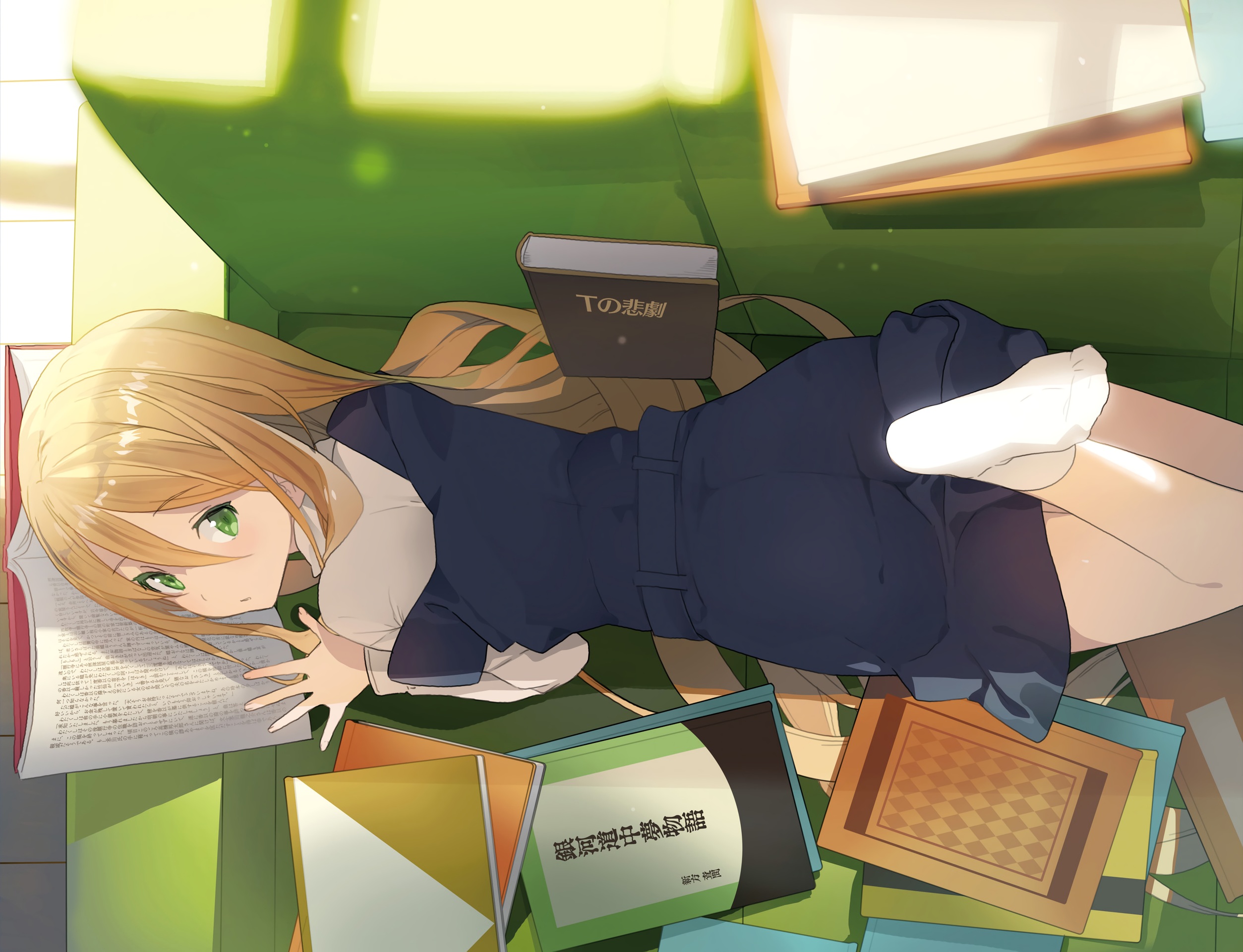 Download mobile wallpaper Anime, Girl, Book, Blonde, Green Eyes, Blush, School Uniform, Long Hair, Couch for free.