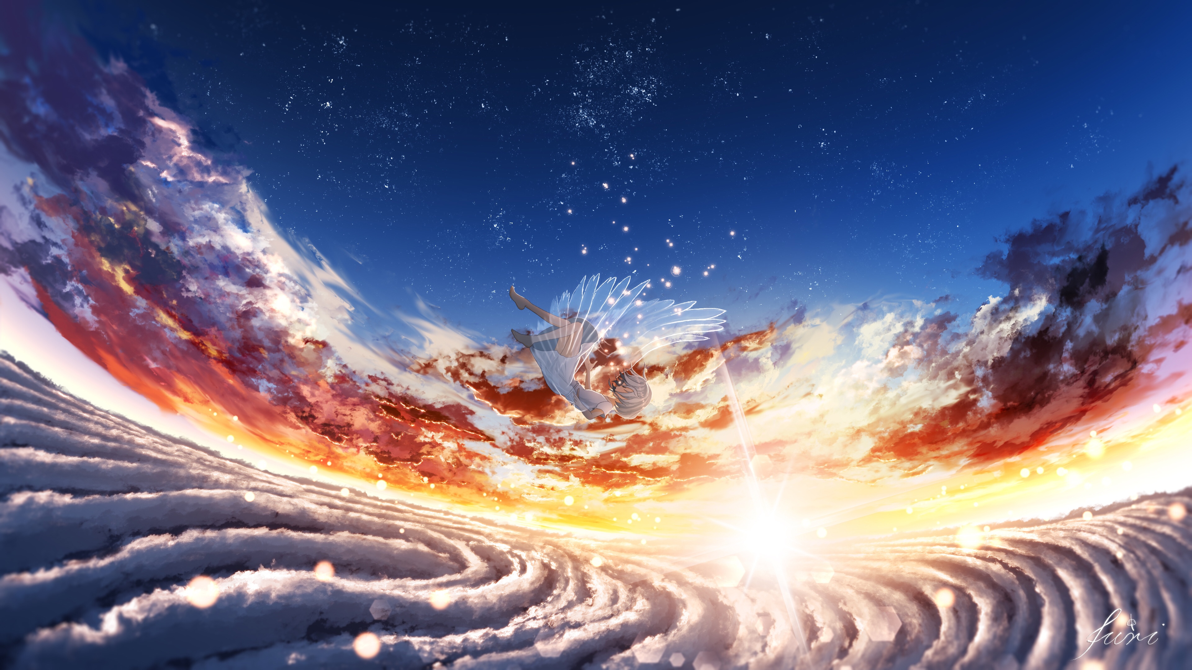 Скачать картинку Аниме, Небо, Облака, Ангел, Восход Солнца в телефон бесплатно.