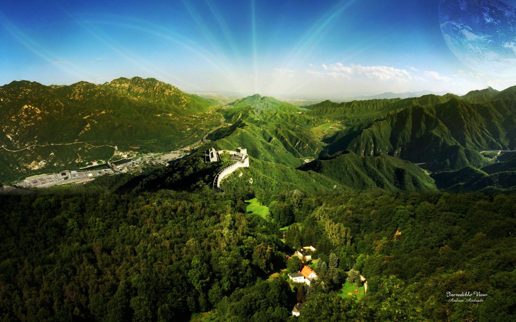 great wall of china, nature, trees, mountains, sun, beams, rays