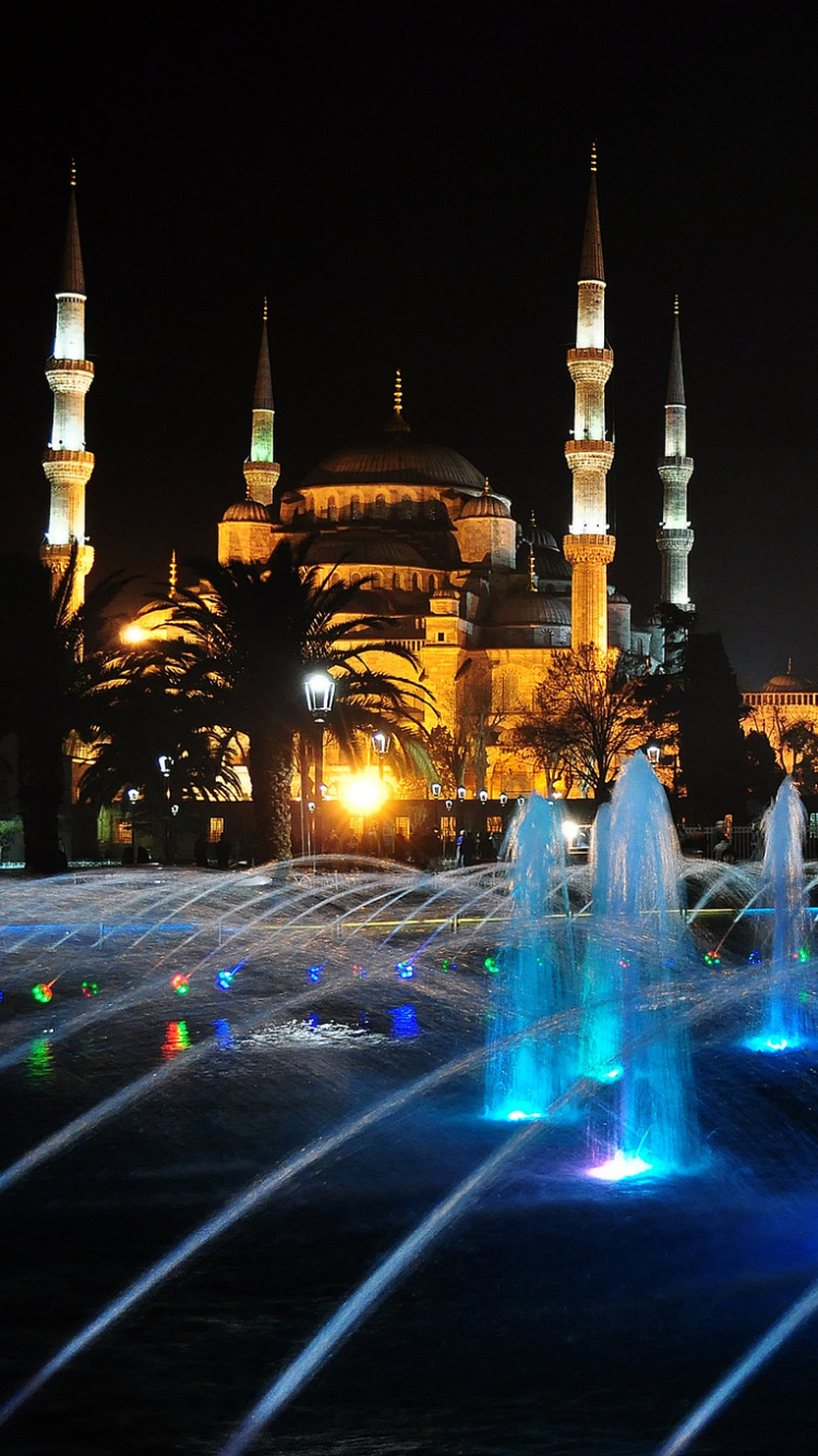 Download mobile wallpaper Night, Fountain, Light, Turkey, Mosque, Istanbul, Religious, Sultan Ahmed Mosque, Mosques for free.