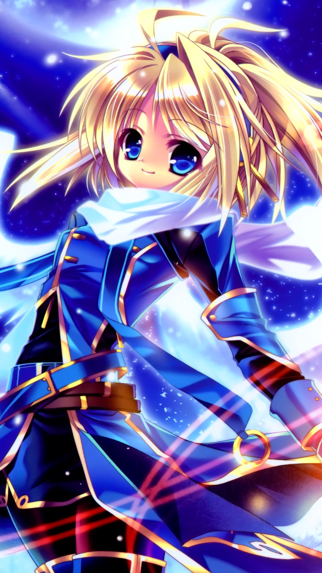 Download mobile wallpaper Anime, Smile, Angel, Blonde, Scarf, Blue Eyes, Ponytail for free.