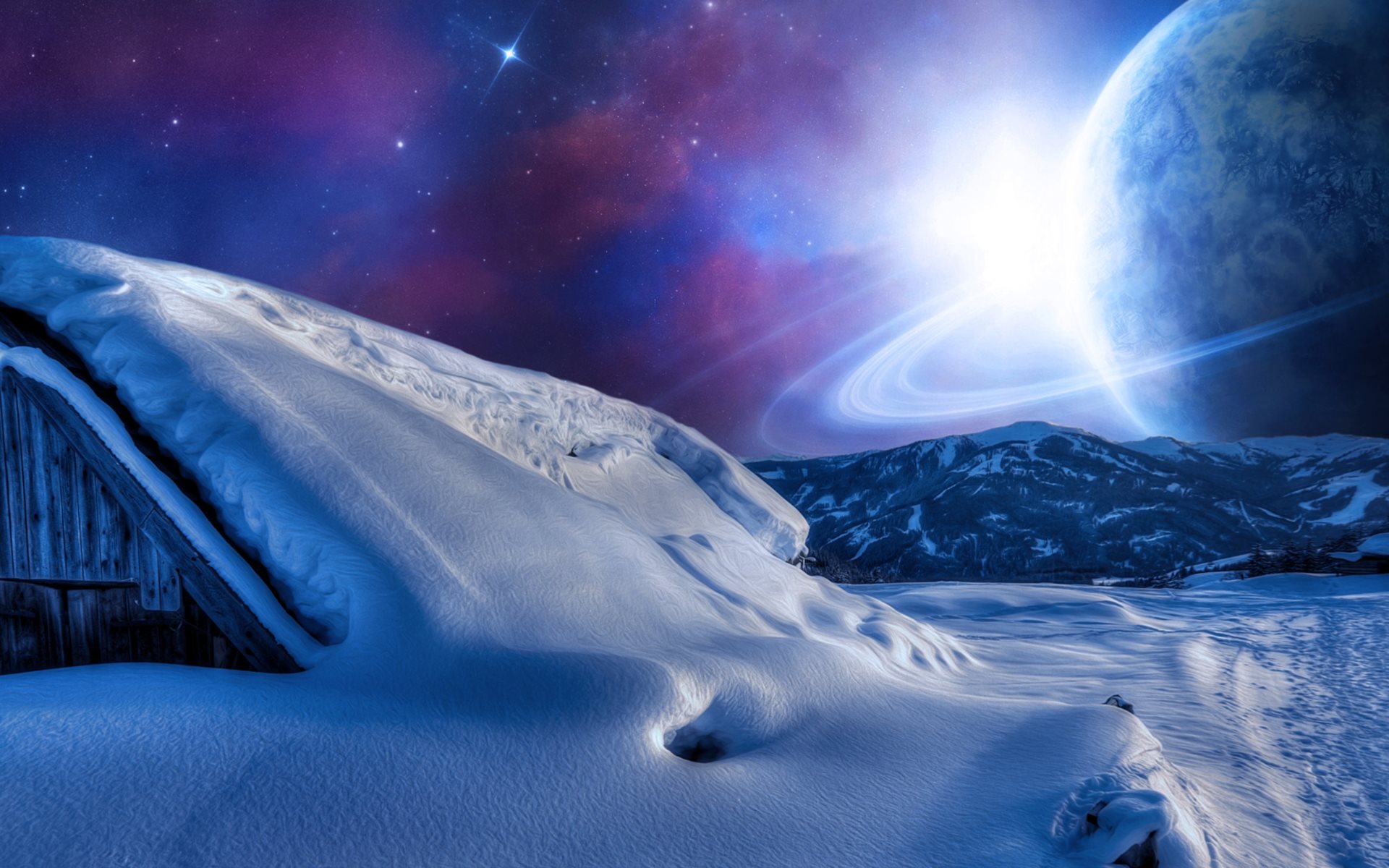 Handy-Wallpaper Landschaft, Schnee, Science Fiction, Nacht kostenlos herunterladen.