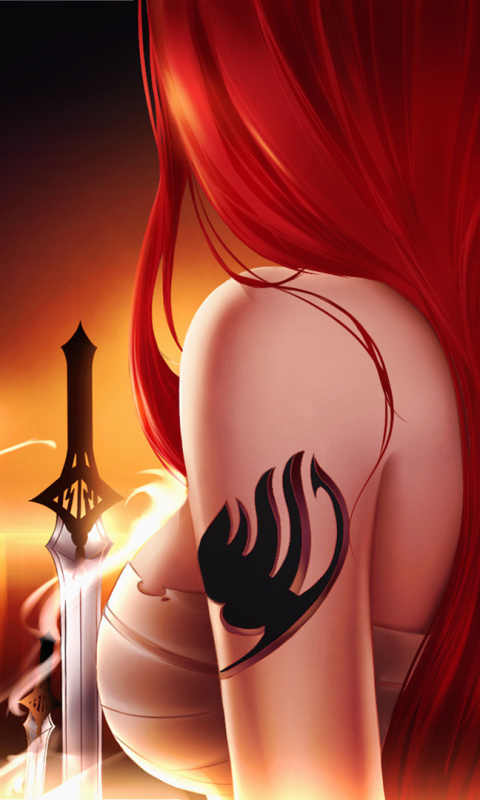 Download mobile wallpaper Anime, Tattoo, Long Hair, Red Hair, Woman Warrior, Fairy Tail, Erza Scarlet for free.