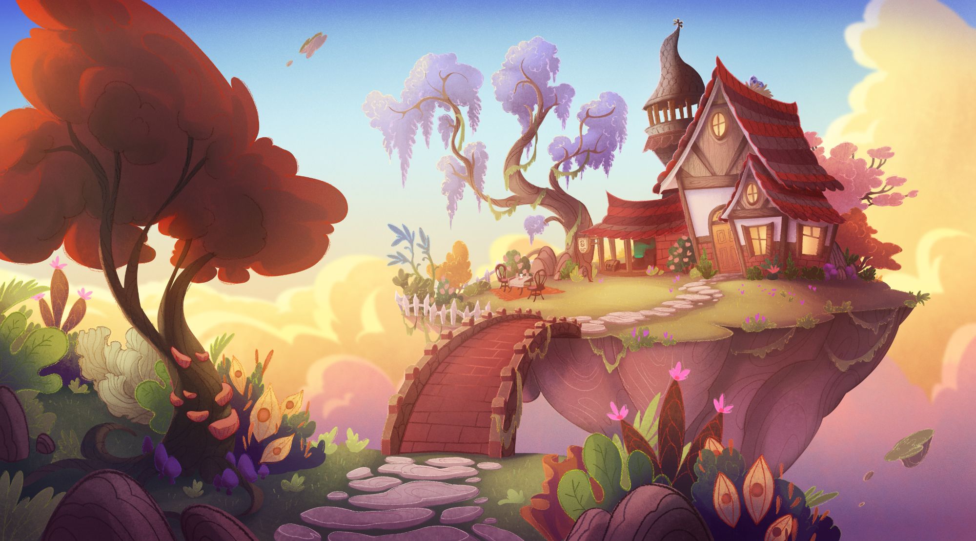 Download mobile wallpaper Fantasy, Tree, House, Bridge for free.