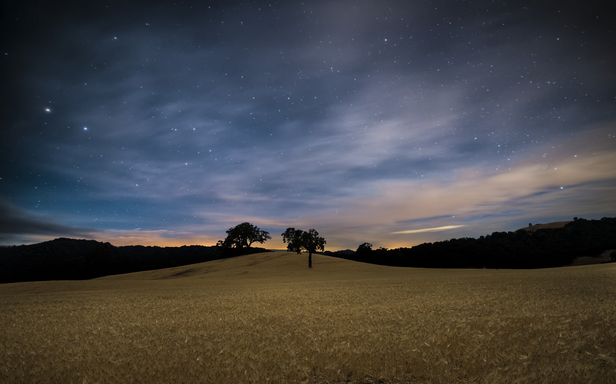 Handy-Wallpaper Natur, Feld, Hügel, Nacht, Himmel, Erde/natur, Sternenklarer Himmel kostenlos herunterladen.