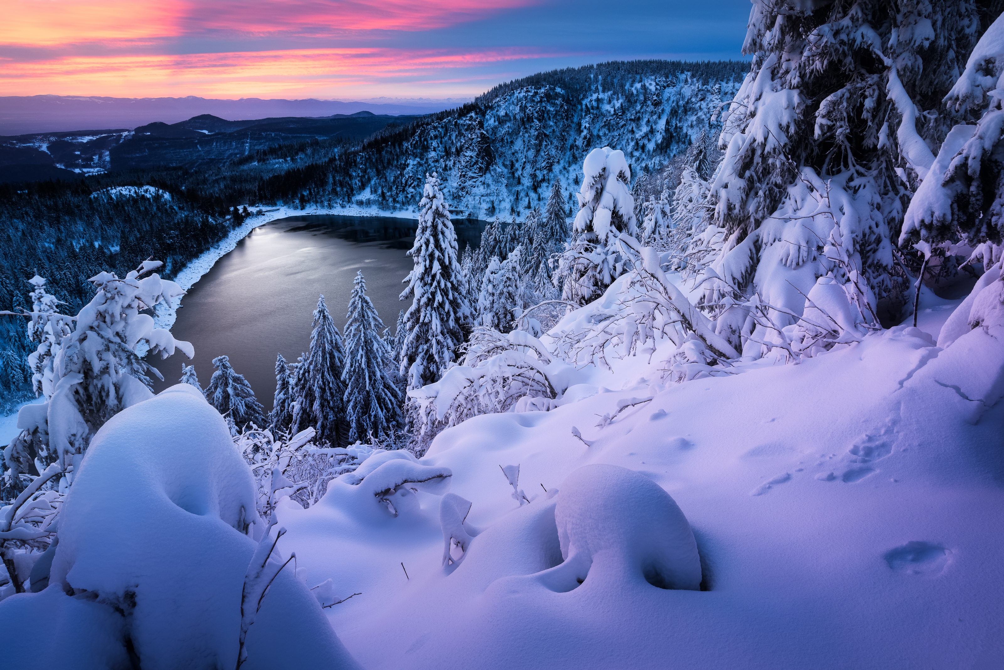 PCデスクトップに風景, 冬, 雪, 湖, 山, 地球画像を無料でダウンロード